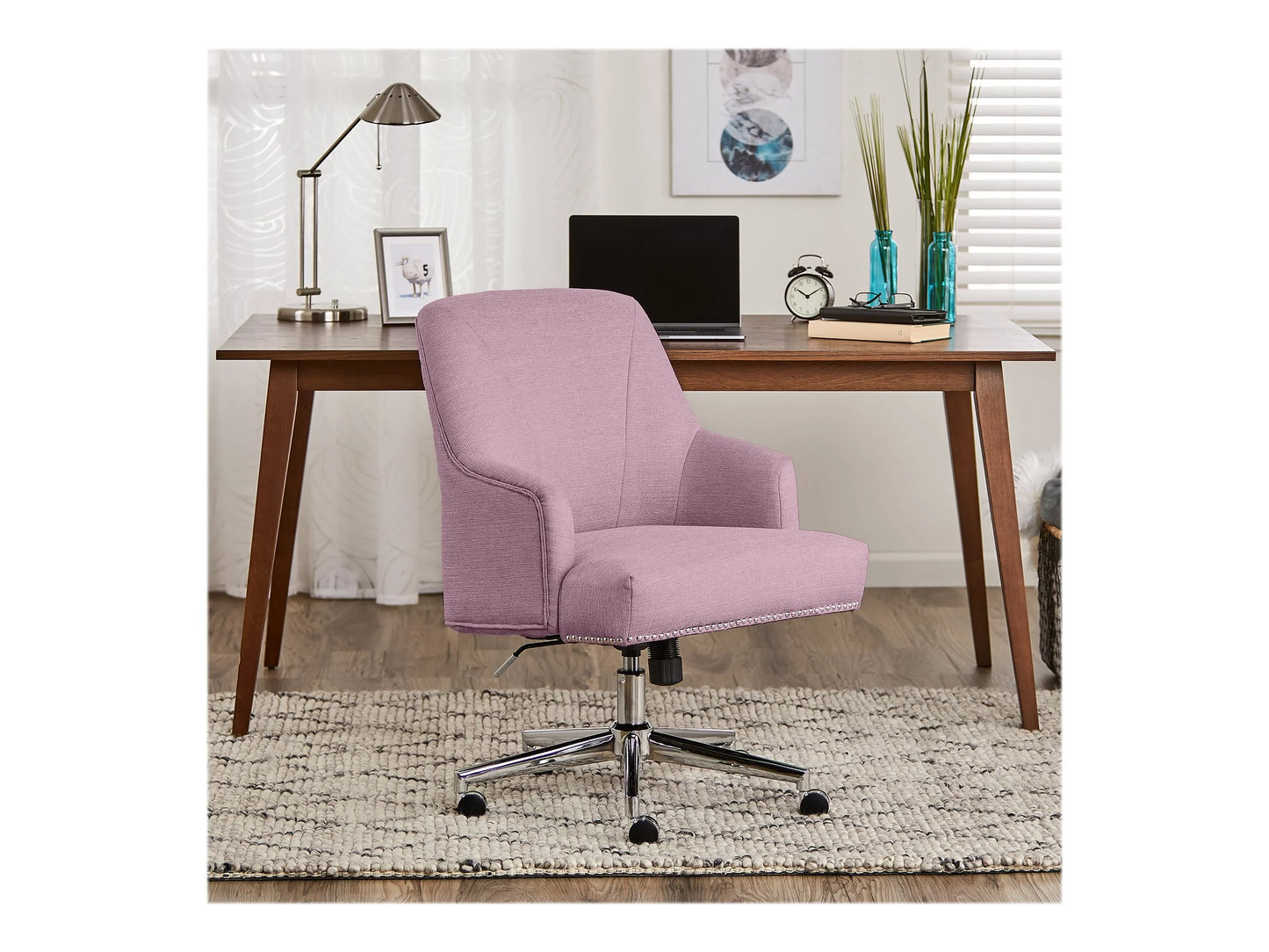 Serta Leighton Home Office Desk Chair Chrome Nailheads Twill Fabric Lilac Purple