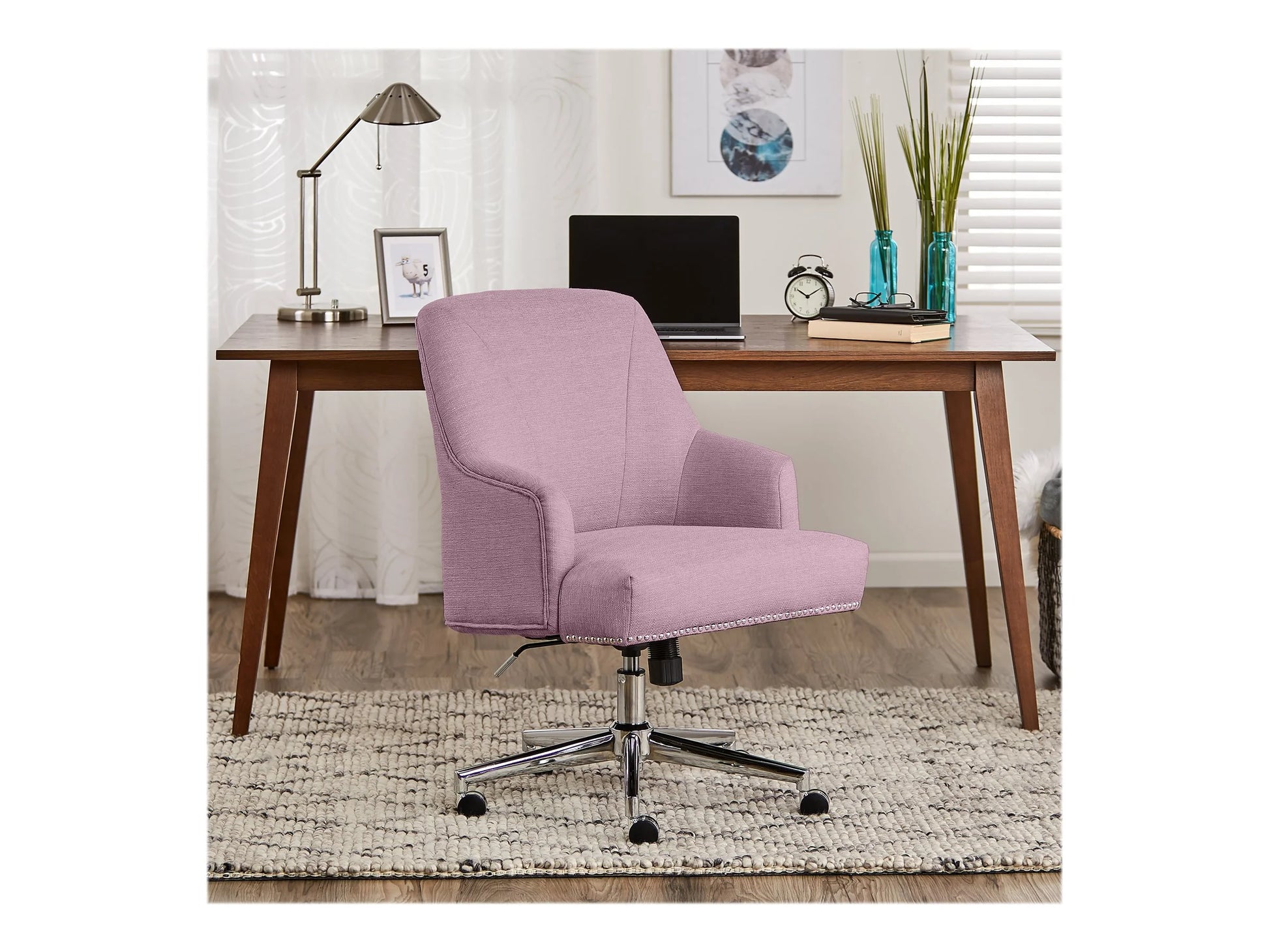 Serta Leighton Home Office Desk Chair Chrome Nailheads Twill Fabric Lilac Purple