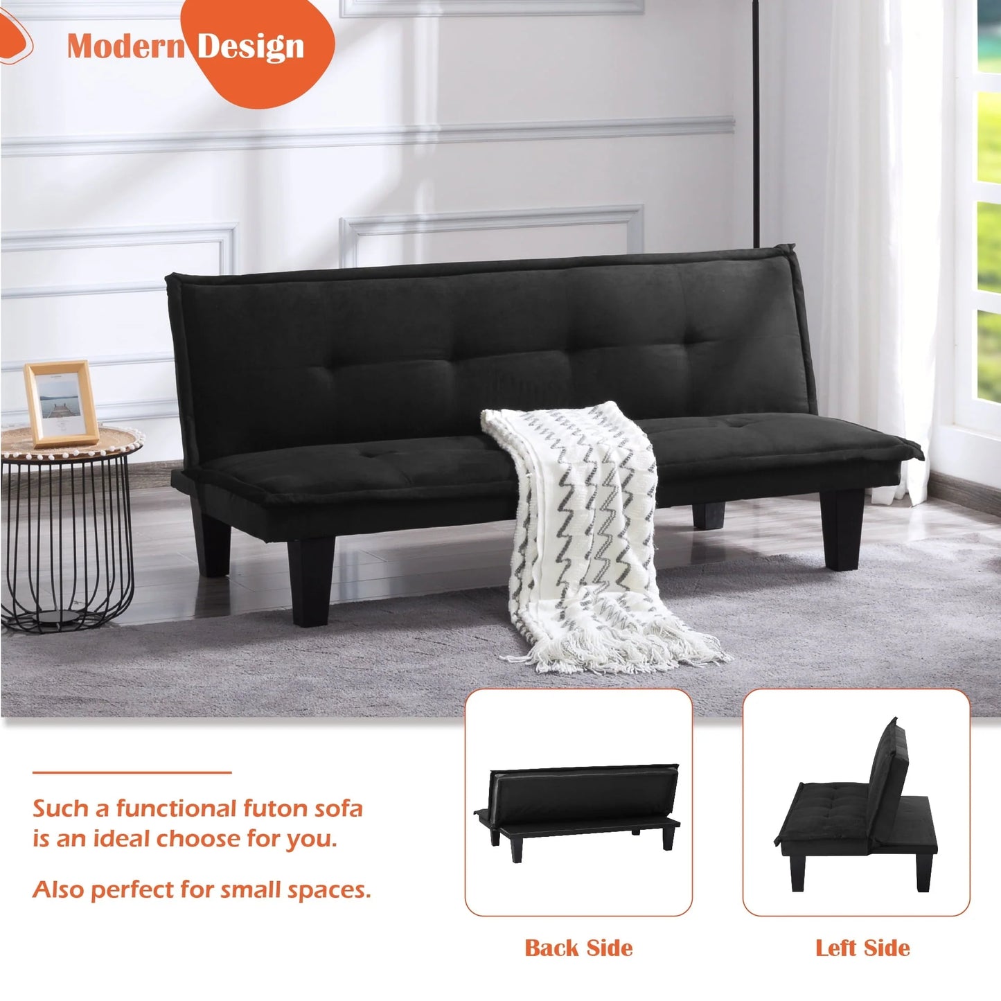 Aukfa Futon Convertible Sofa Bed for Home Office, Tufted Back, Faux Suede, Black