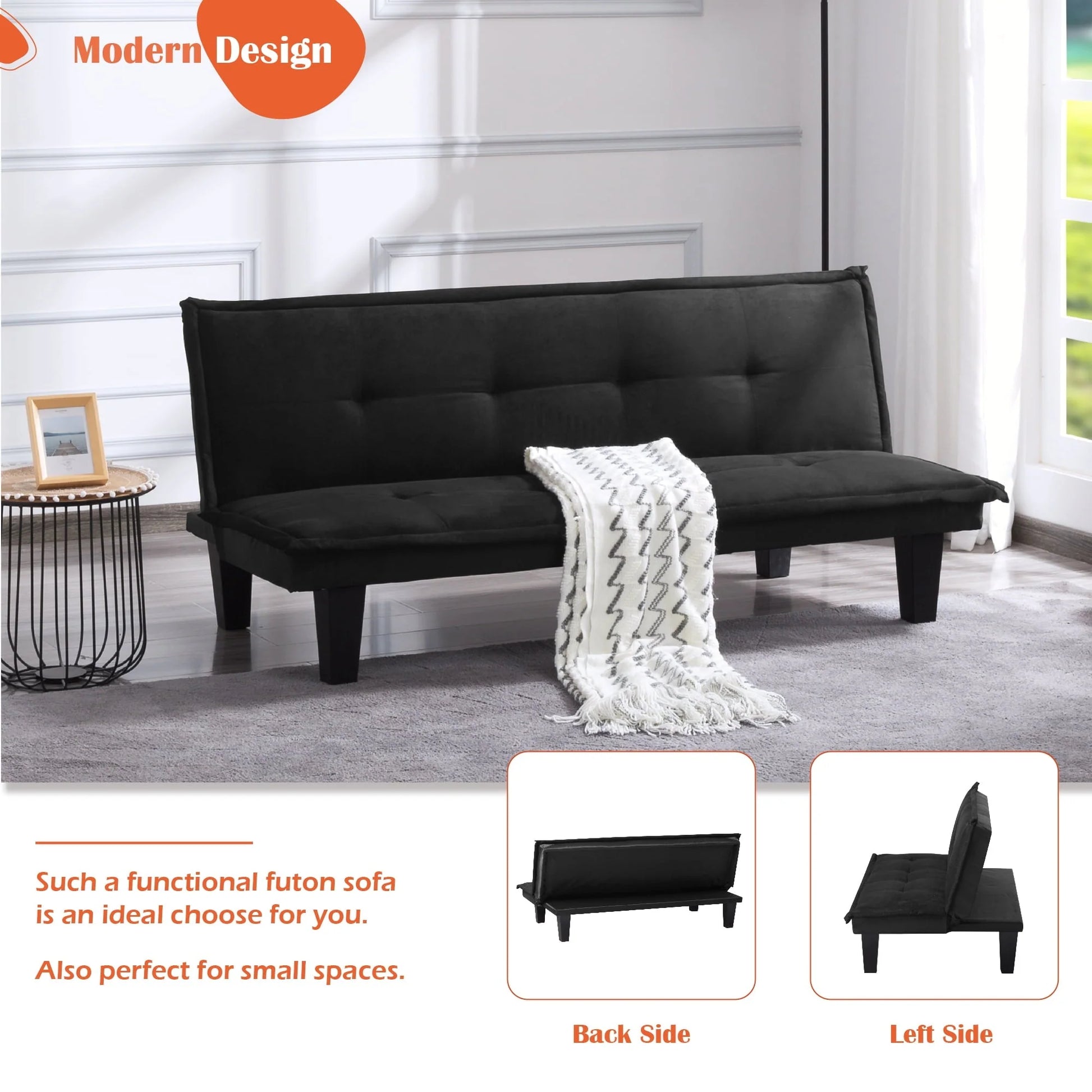 Aukfa Futon Convertible Sofa Bed for Home Office, Tufted Back, Faux Suede, Black