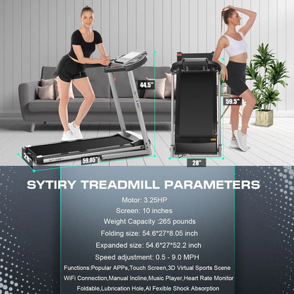 SYTIRY Folding Treadmill w/10" HD Touchscreen WiFi 3.25 HP Adjustable Incline Treadmills, Heart Rate Monito 9 MPH Speed Range Jogging Running Machine for Home Office 265lbs Weight Capacity