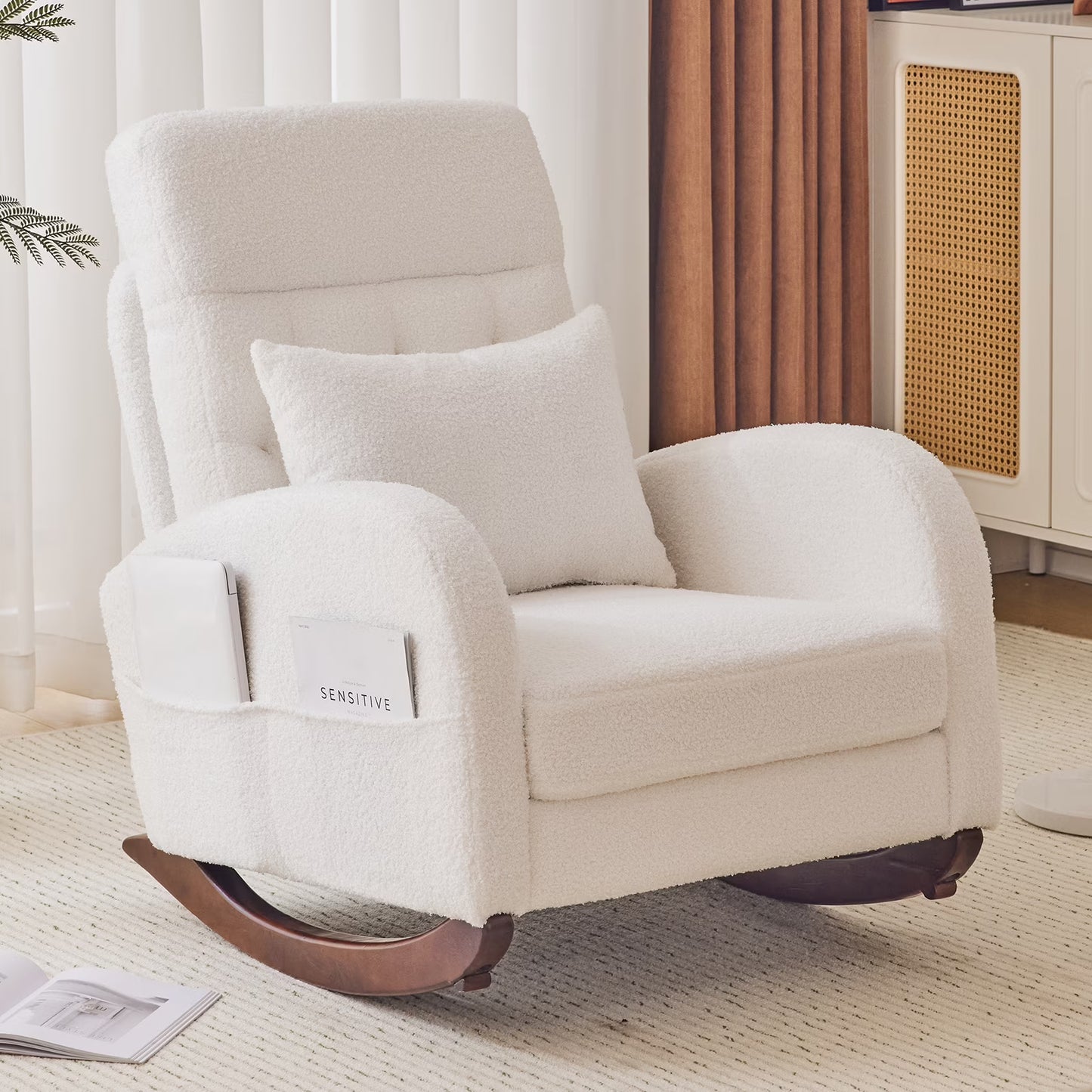 Ktaxon Rocking Accent Chair Glider Reading Chair Comfy Teddy Velvet Upholstered Single Sofa Rocker for Living Room, Nursery, Bedroom Beige