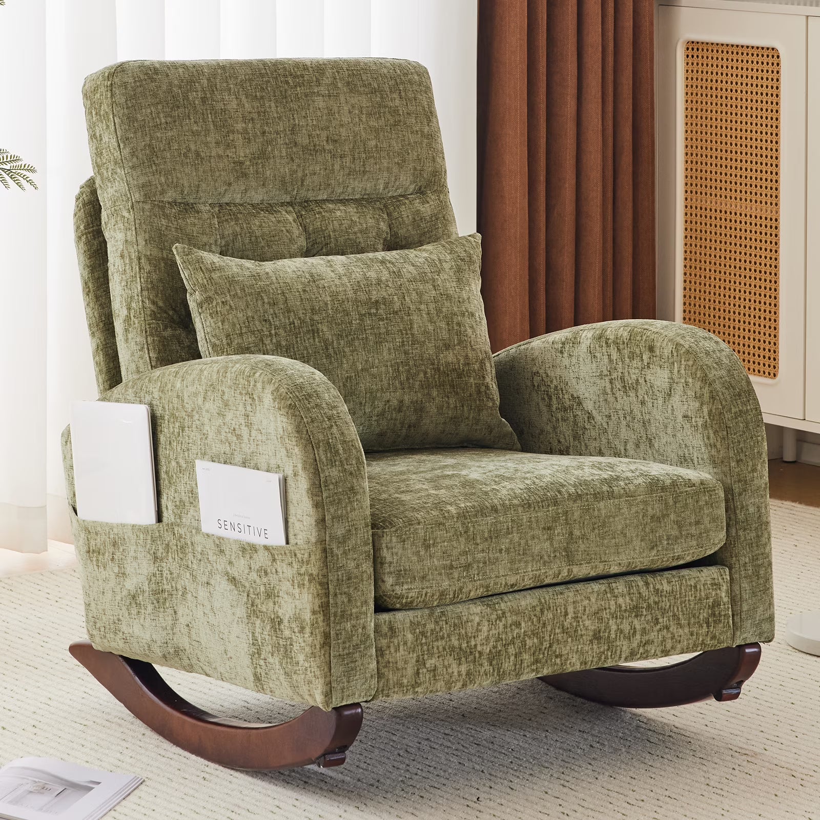 Ktaxon Rocking Accent Chair Glider Reading Chair Comfy Teddy Velvet Upholstered Single Sofa Rocker for Living Room, Nursery, Bedroom Beige