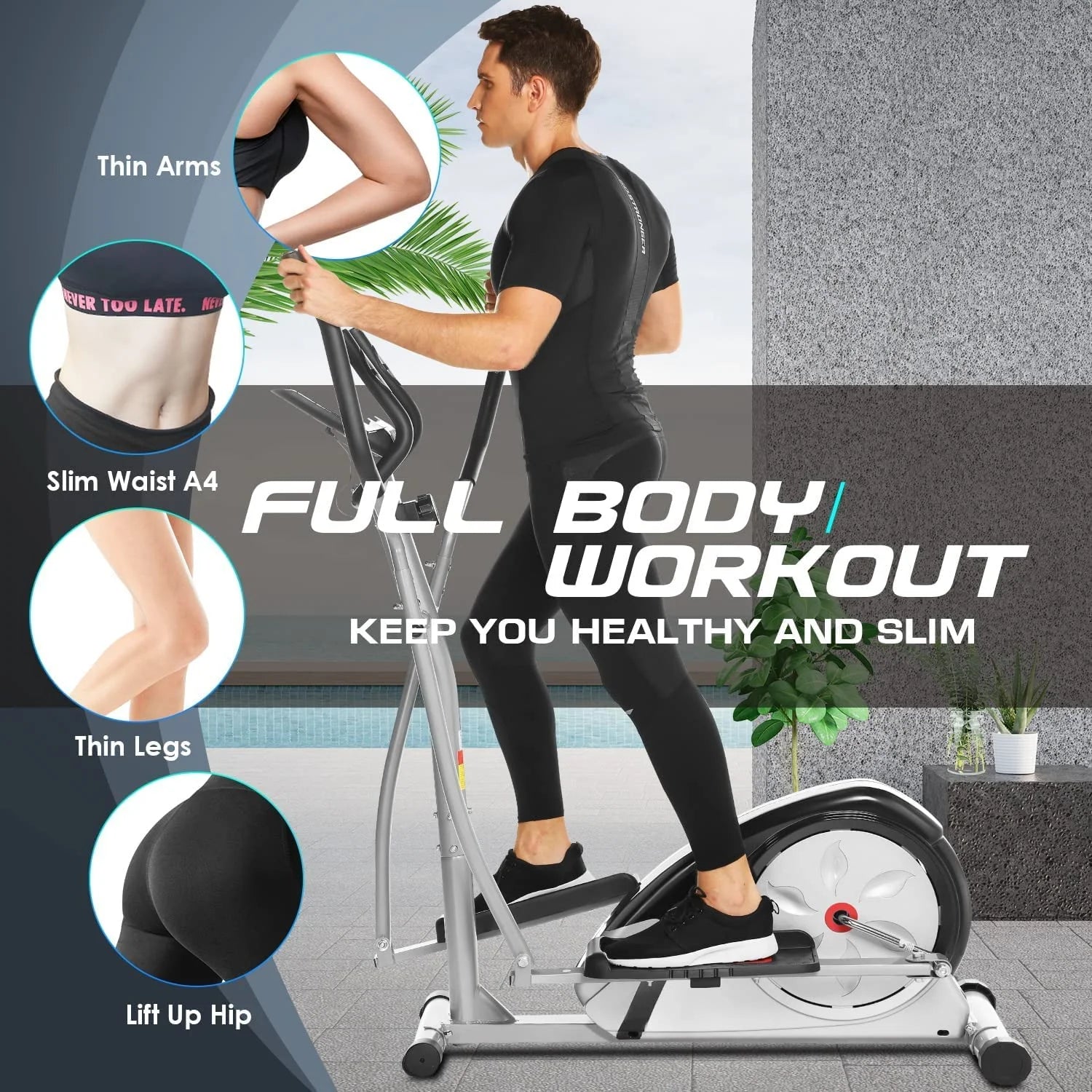 ANCHEER Exercise Elliptical Machine with 8 Resistance Method, 15" Stride Cross Trainer with Pulse Rate Grips, LCD Monitor, Smooth Quiet Driven, 350 lbs Weight Capacity for Home Office