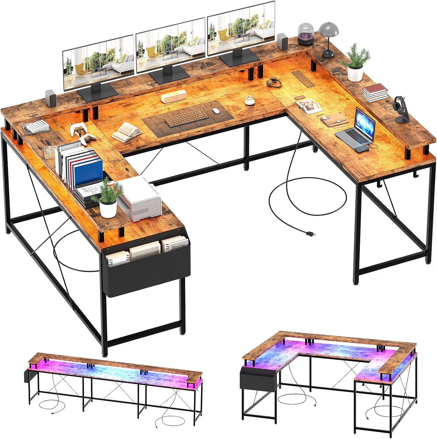 NEILA U Shaped LED Light Computer Gaming Desk with Power Outlets, Reversible 78.8'' Large PC Desk with Monitor Stand & Storage Bag, Home Office Desk, Study Desk, Writing Desk, Workstation, Grey
