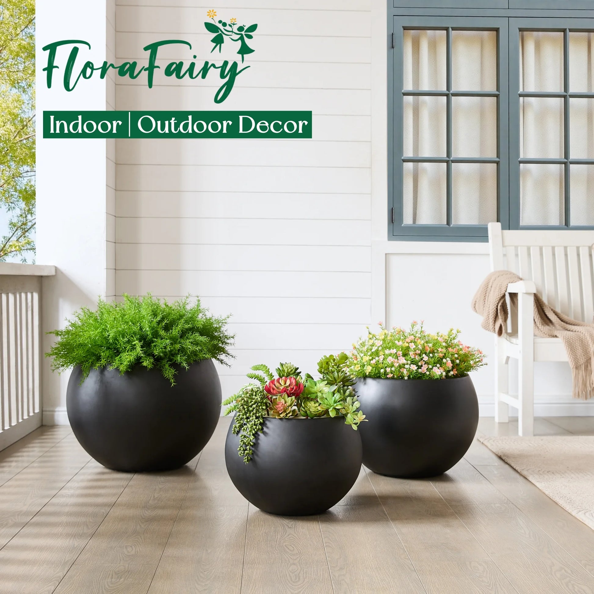 19.3" D x 13" H Fiberstone Large Size Planter, Black, 15" Pot Opening, Sphere Flower Pots with Drainage Hole, Weather Resistance Indoor/Outdoor Round Planters for Tree or Plants