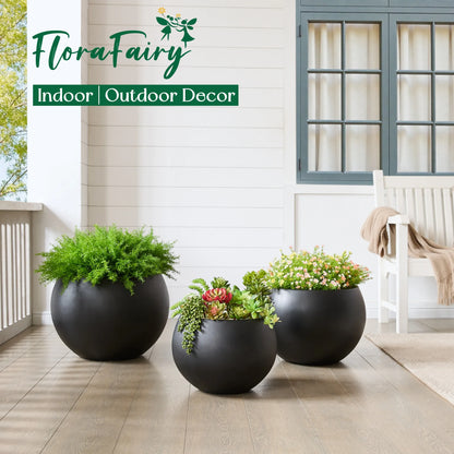 19.3" D x 13" H Fiberstone Large Size Planter, Black, 15" Pot Opening, Sphere Flower Pots with Drainage Hole, Weather Resistance Indoor/Outdoor Round Planters for Tree or Plants