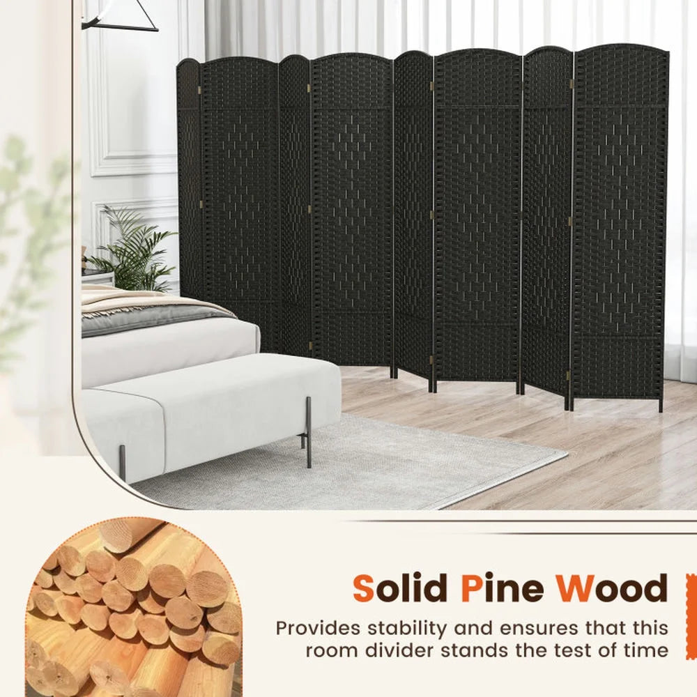 Spaco 8-Panel 8 Feet Tall Room Divider, Folding Room Divider with Hand-Woven Texture, Privacy Screen with Solid Wood Frame for Indoor, Brown