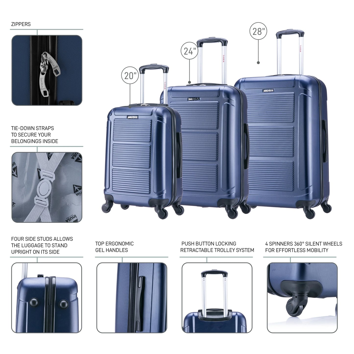 InUSA Pilot 3-Piece Hardside Luggage Sets with Spinner Wheels, Handle, Trolley, (20"/24"/28"), Blue