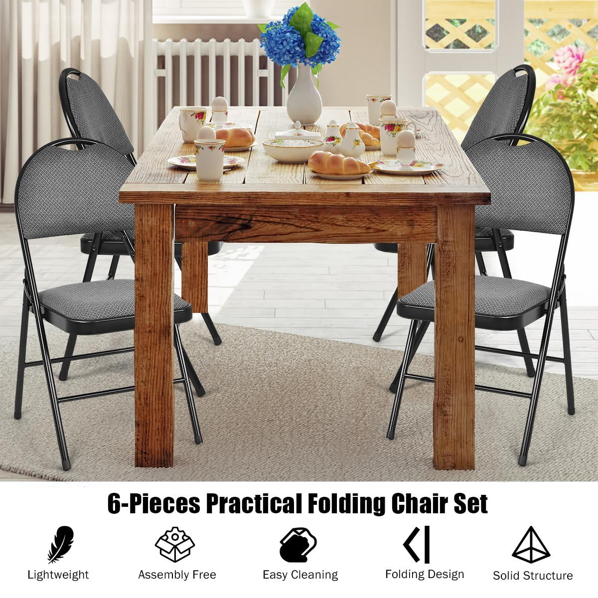 Giantex 6-Piece Commercial Folding Chairs w/Upholstered Padded Seat & Back, Fabric Seating for Home Office Wedding Party, Grey