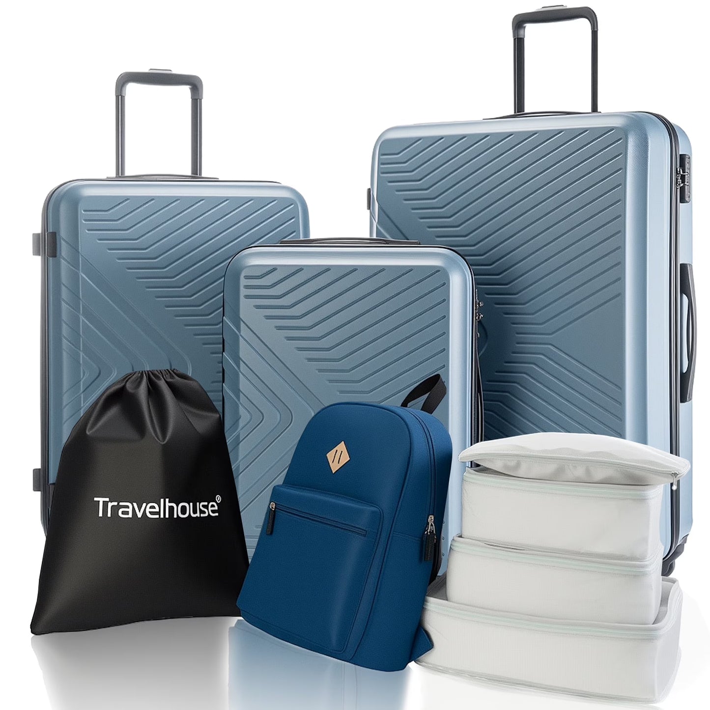 Travelhouse 3 Piece Hardside Luggage Set Hardshell Lightweight TSA Lock Spinner Wheels Suitcase with Backpack and 5 Packing Cubes.Black