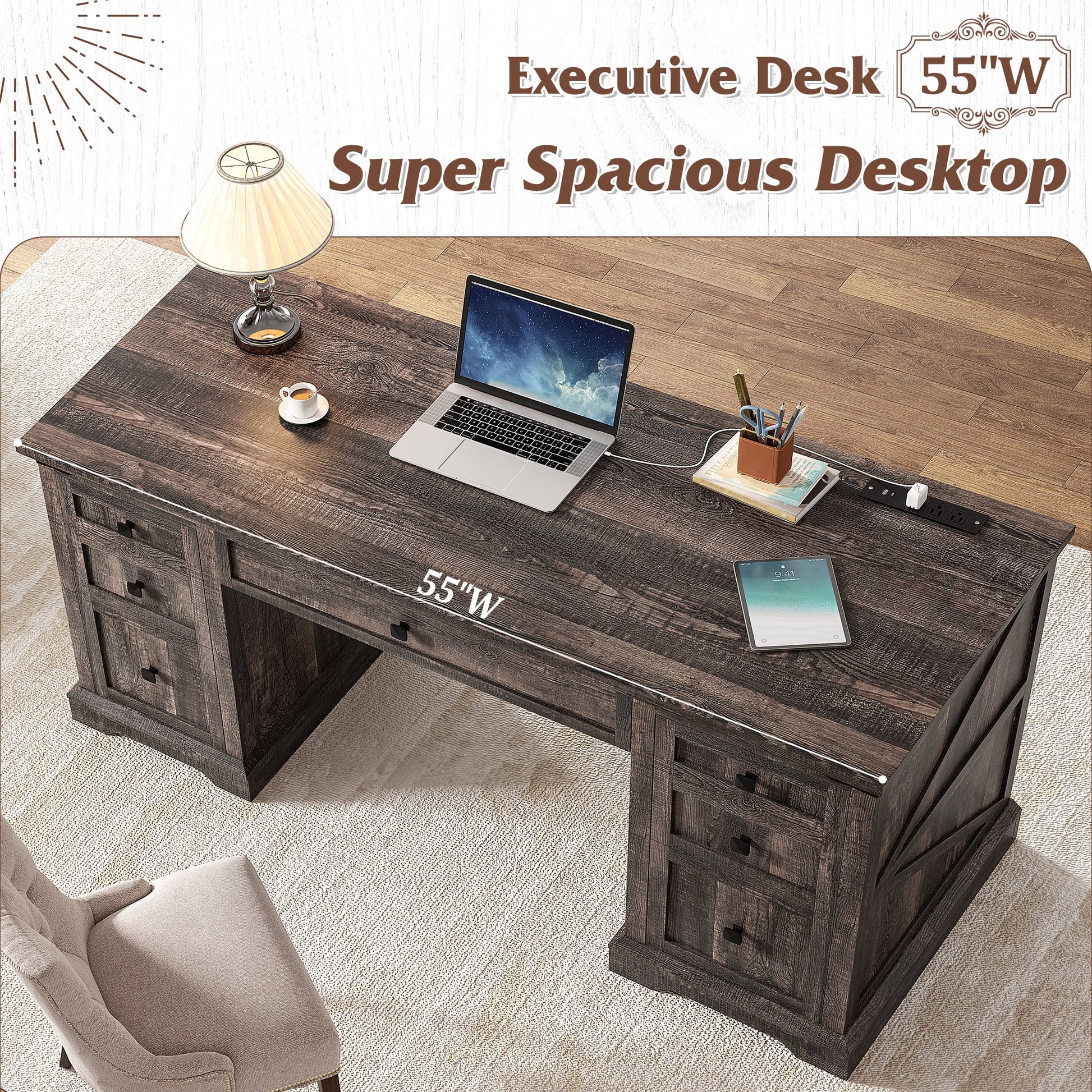 EnHomee Farmhouse Desk with Drawers, Wood Home Office Desk with Charging Station, Antique White