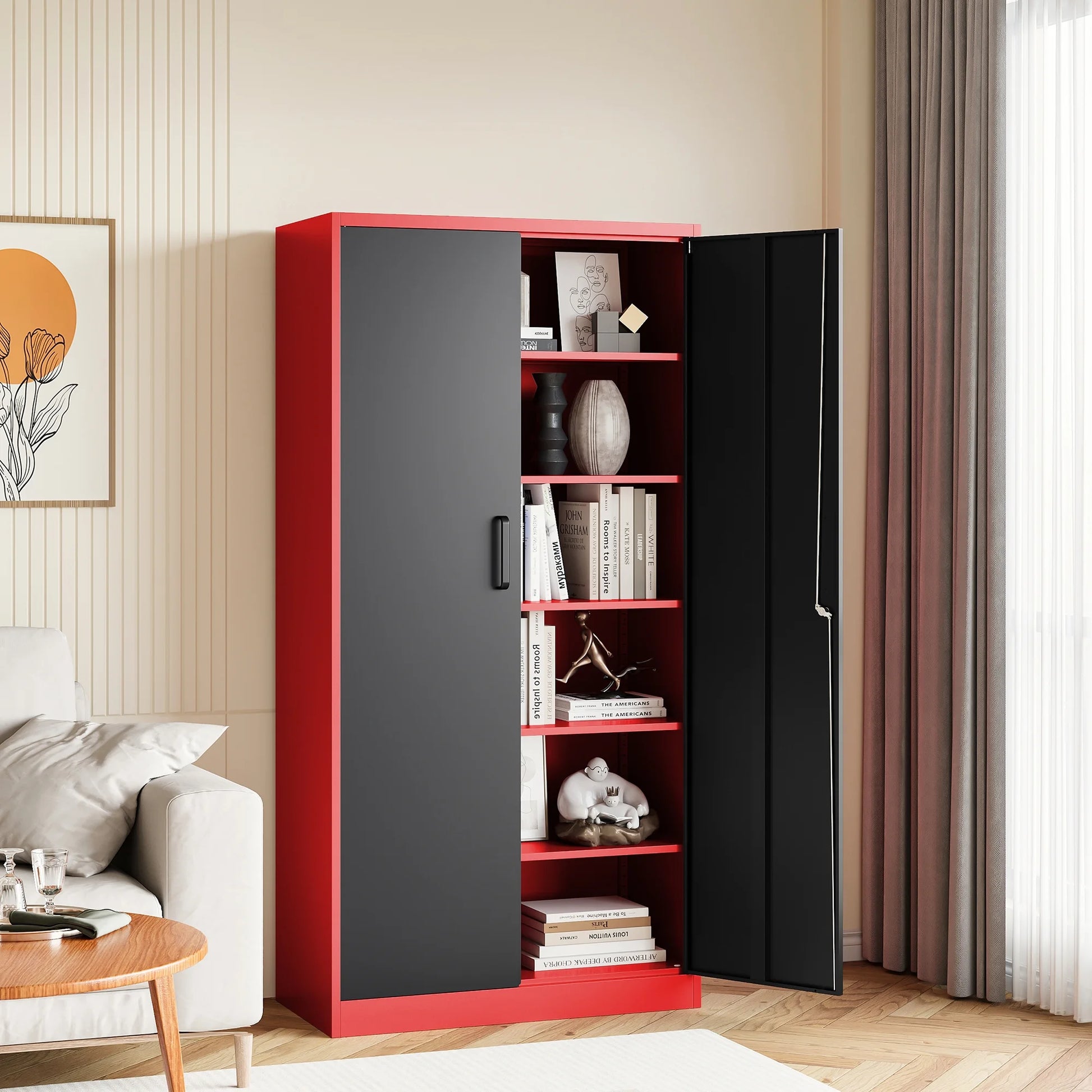 AUHUP 71" Metal Cabinet with Locking Doors and 5 Adjustable Shelves, Red Black Garage Storage Cabinet for Warehouse, Basement, Home Office, Tool File Storage Utility Cabinets