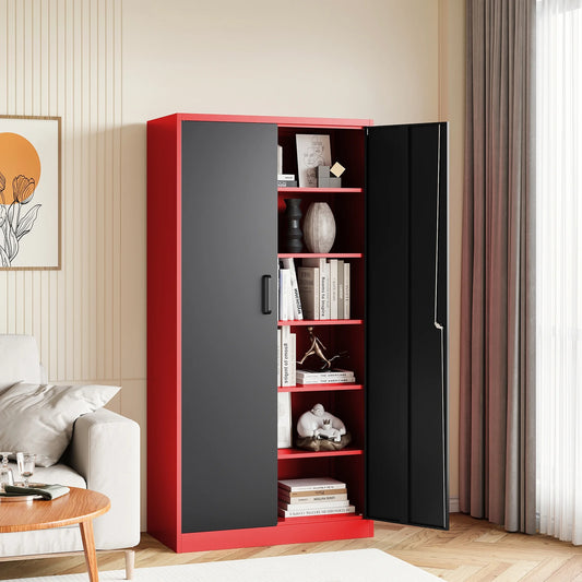 AUHUP 71" Metal Cabinet with Locking Doors and 5 Adjustable Shelves, Red Black Garage Storage Cabinet for Warehouse, Basement, Home Office, Tool File Storage Utility Cabinets