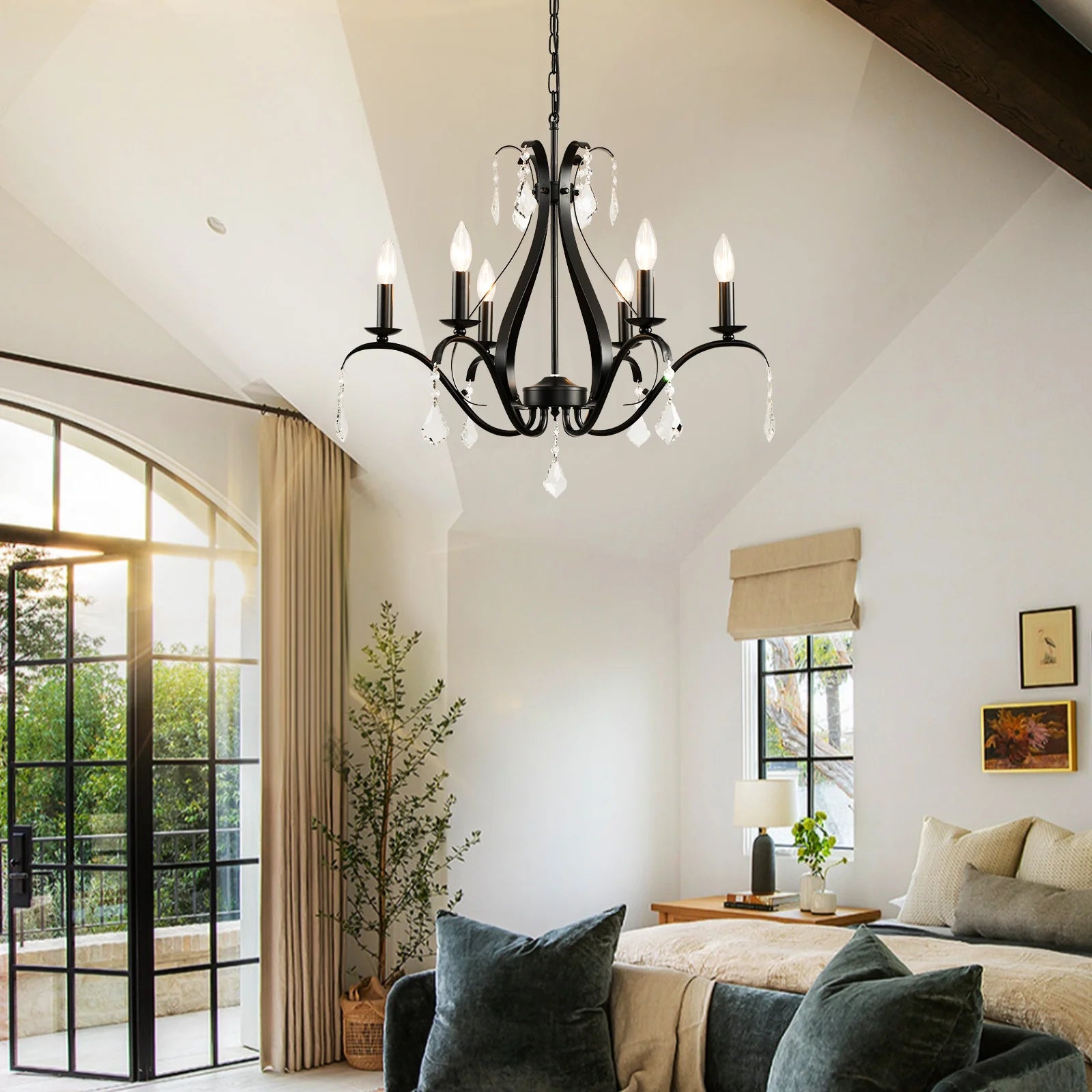 Magic Home 6-Light Modern Farmhouse Chandelier,Classic Candle Ceiling Pendant Light Fixture,Black