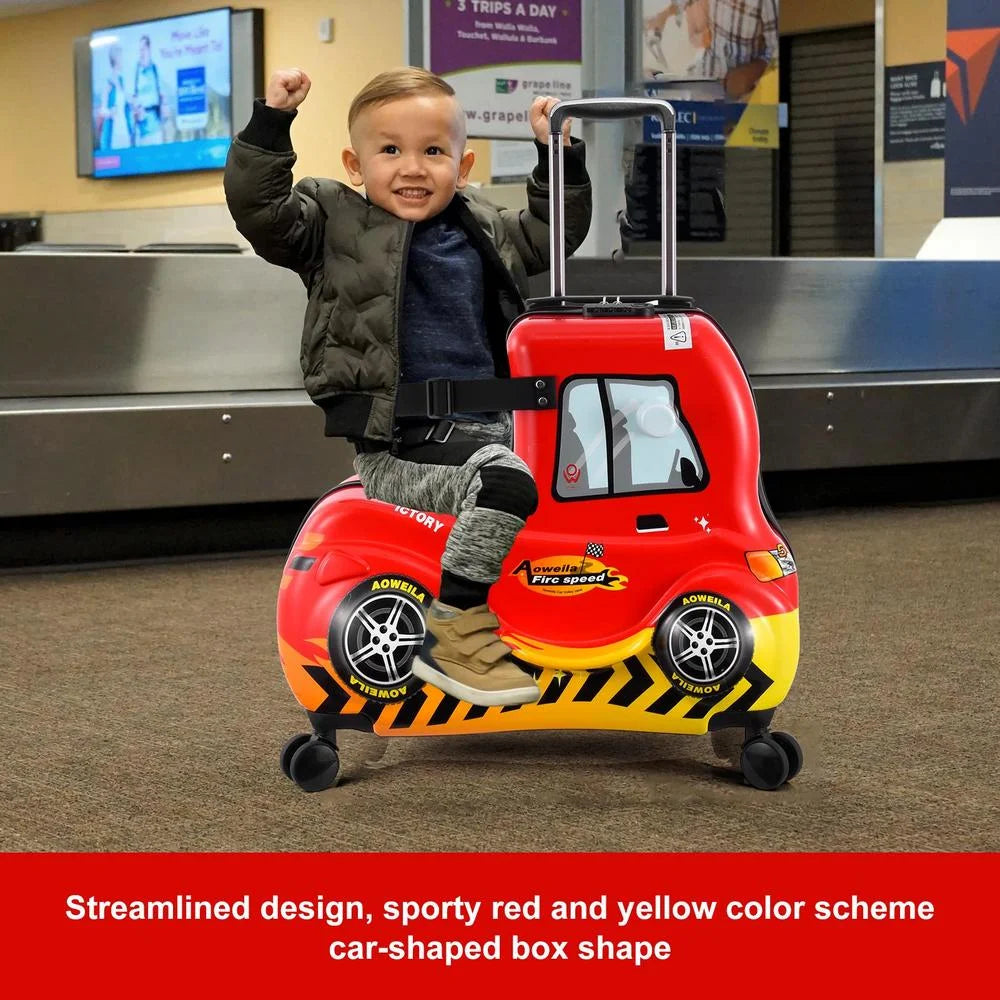 ToHu Kids Ride-On Luggage with Wheels Suitcase Fits to Toddler Aged 3-12 Years old Red Car Checked-Large 24-Inch