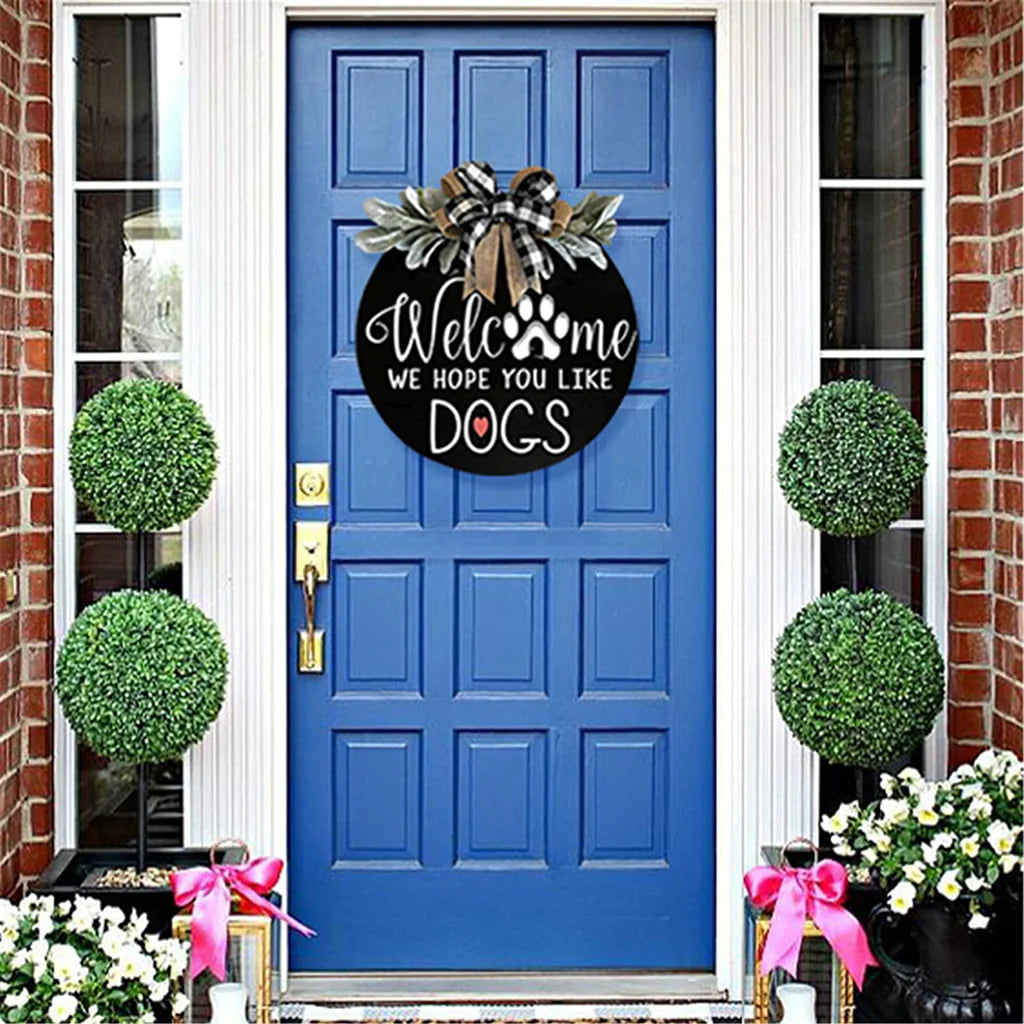 Front Door Welcome Sign, Round Wood Door Room Decor, Door Decor, Spring Wreath, Door Decor, Spring Wreath, Farm Porch Hanging Sign, Green, For Those Family With Pets, 11.8 Inch