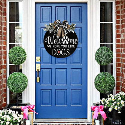 Front Door Welcome Sign, Round Wood Door Room Decor, Door Decor, Spring Wreath, Door Decor, Spring Wreath, Farm Porch Hanging Sign, Green, For Those Family With Pets, 11.8 Inch