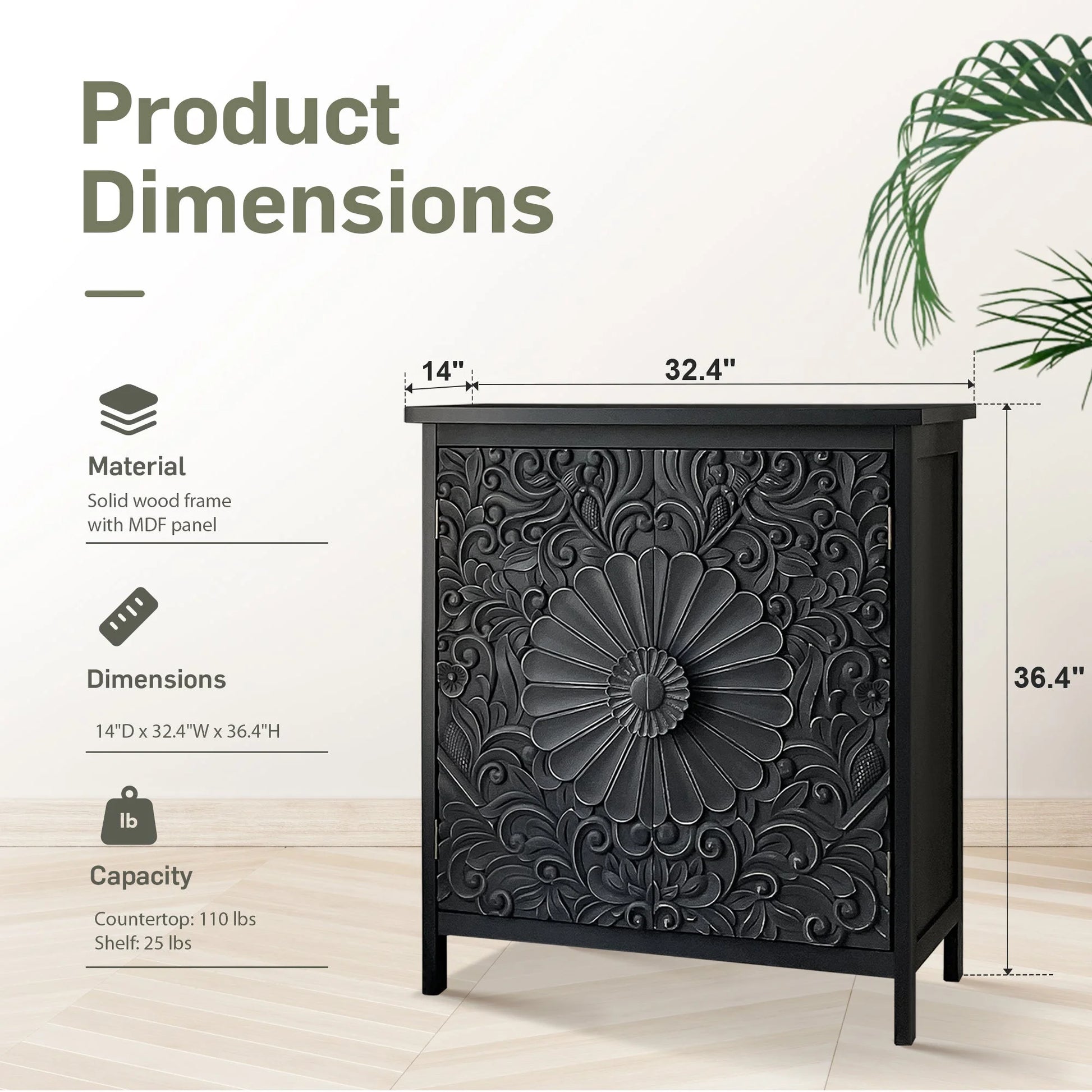 Alpha Joy Storage Cabinet with 2 Doors, Wood Accent Cabinet with Flower Pattern For Living Room, Dining Room, Black