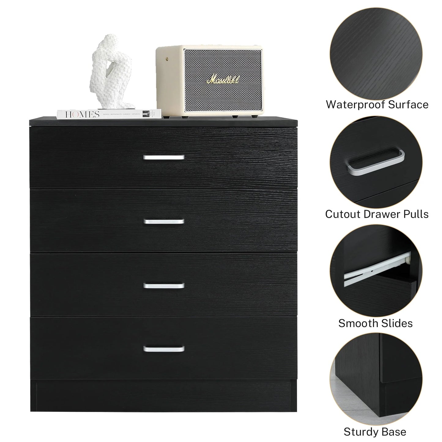 SYNGAR Black 4 Drawer Dresser, Chest of Drawers for Bedroom, Modern Storage Cabinet Dresser Organizer Unit with Handle for Living Room, Closet, Hallway, Nursery