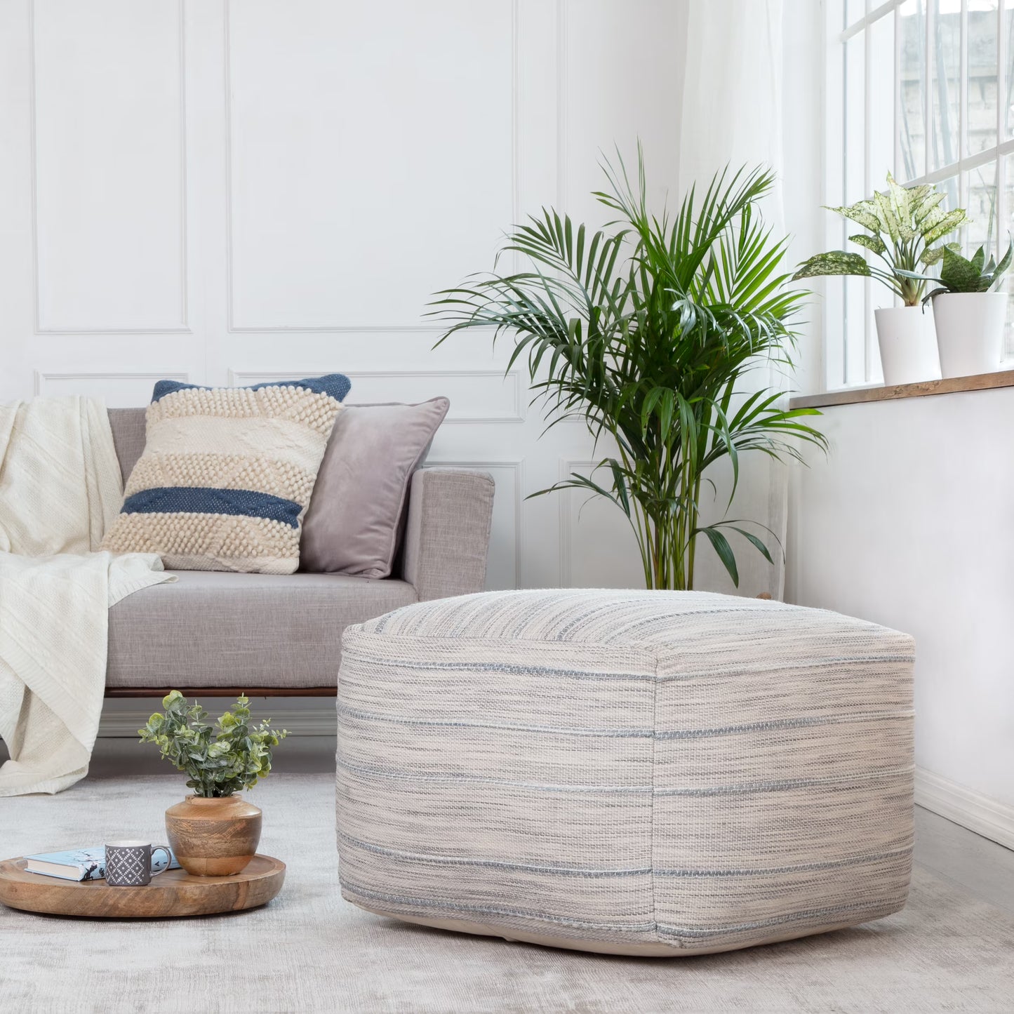 Anji Mountain Textured Handmade Cotton Poufs, Gray
