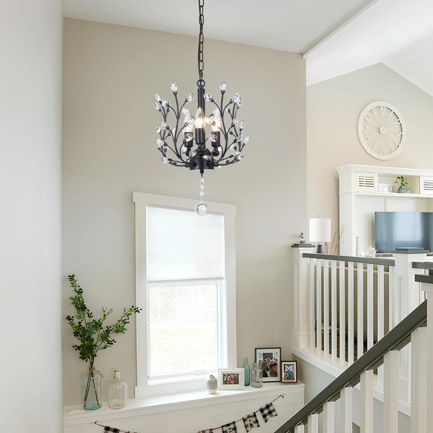 FINE MAKER 18-inch branch flower-shaped crystal chandelier, 3-head living room chandelier, bedroom study lighting fixture (black)
