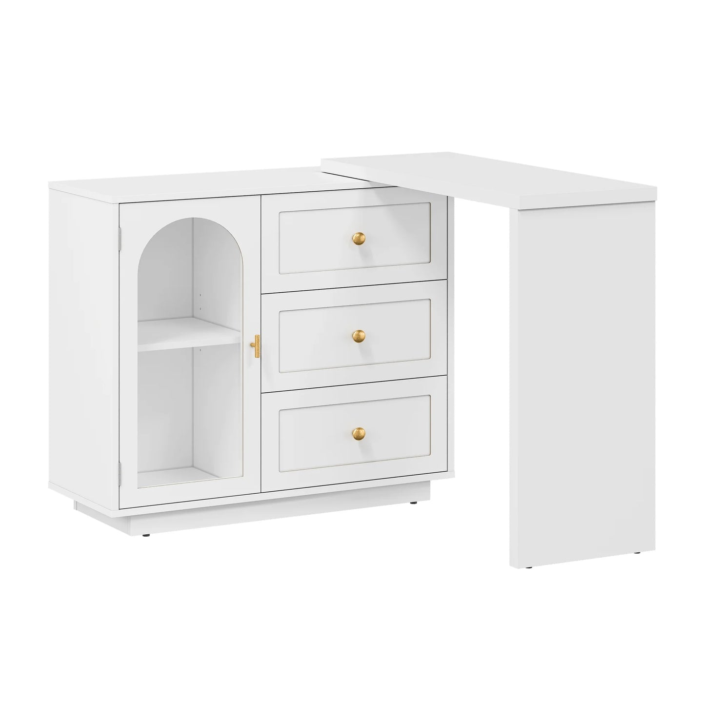 CozyHome 59° Extendable Corner Vanity Desk with Rotatable Tabletop, Large White Makeup Vanity Table for Women Girl, 3 Drawer & 1 Door, Wood Vanity Dresser for Apartment, Dorm, Study Room, Home Office
