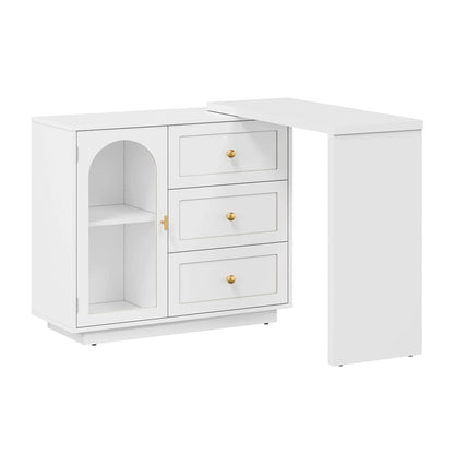 CozyHome 59° Extendable Corner Vanity Desk with Rotatable Tabletop, Large White Makeup Vanity Table for Women Girl, 3 Drawer & 1 Door, Wood Vanity Dresser for Apartment, Dorm, Study Room, Home Office