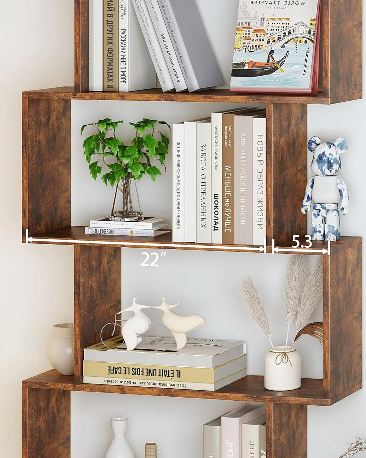 Geometric Bookcase, Bookshelf 6-Tier S Shaped Book Shelves For Bedroom, Modern Wood Decorative Display Shelf Tall Book Case For Home Office, Rustic Brown
