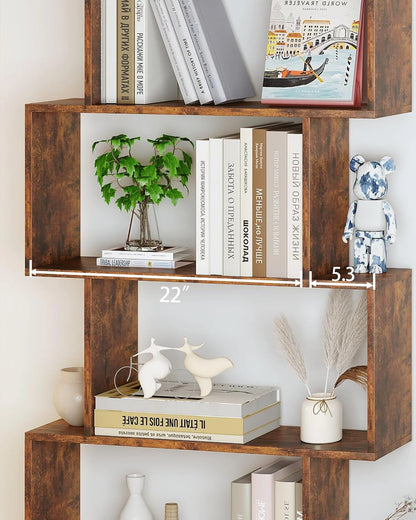 Geometric Bookcase, Bookshelf 6-Tier S Shaped Book Shelves For Bedroom, Modern Wood Decorative Display Shelf Tall Book Case For Home Office, Rustic Brown