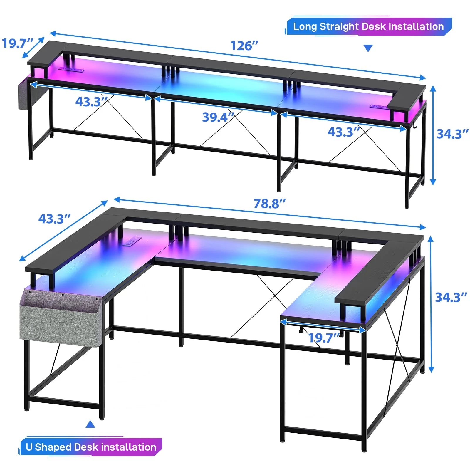 NEILA U Shaped LED Light Computer Gaming Desk with Power Outlets, Reversible 78.8'' Large PC Desk with Monitor Stand & Storage Bag, Home Office Desk, Study Desk, Writing Desk, Workstation, Grey