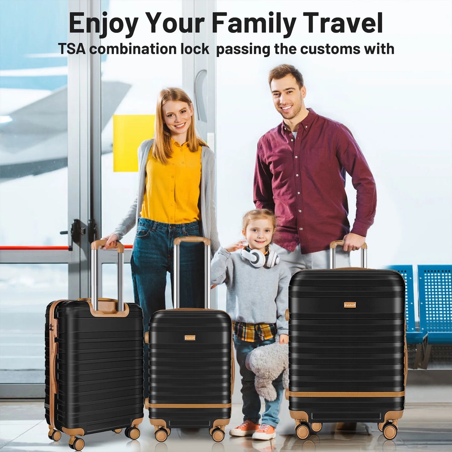 GAZILY 12.00" 3 Piece Hardside Spinner Lightweight Luggage Set, Black