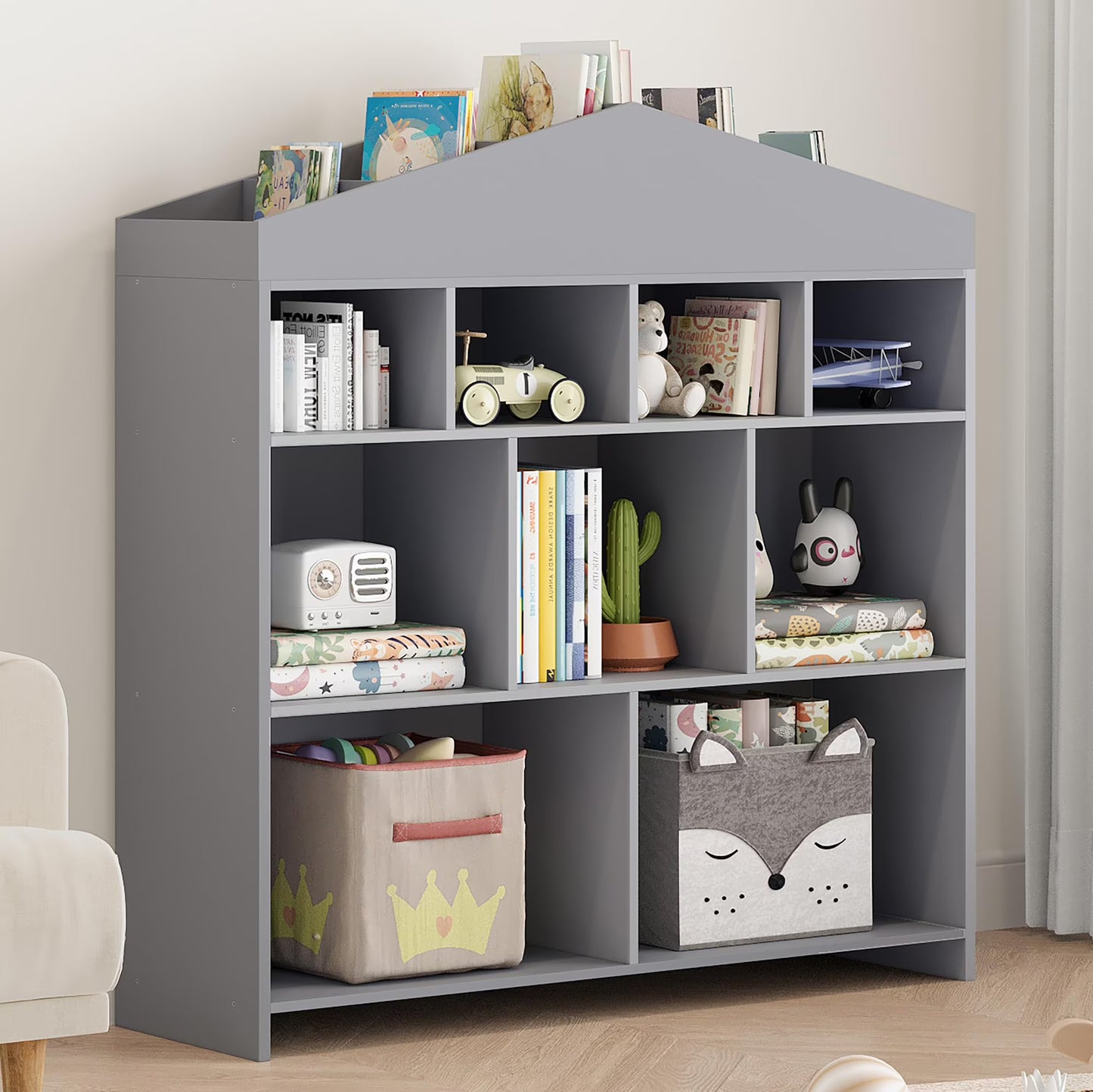 DSstyles Kids Bookshelf 9-Cubby Toy Storage Organizer White Bookcase Toddlers Playhouse Cabinet Shelf for Boys Girls Wooden Storage Toy Shelf for Playroom, Nursery, Kids Room