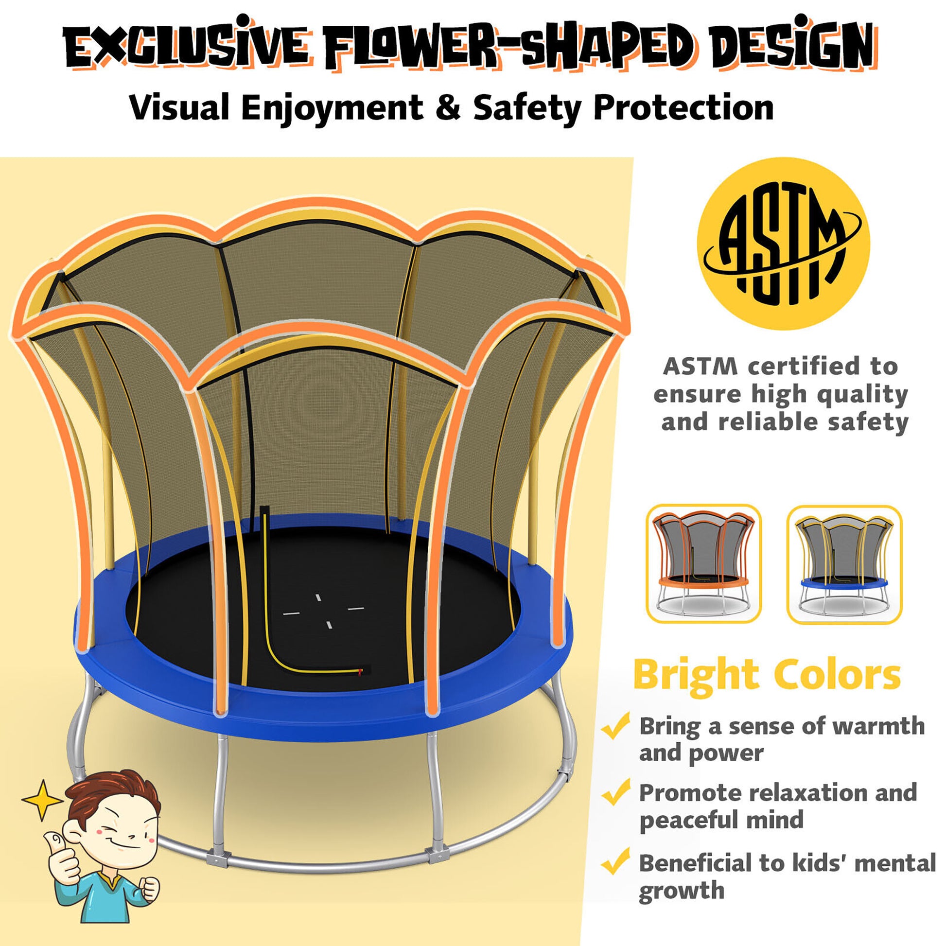 Gymax 8FT Certified Recreation Trampoline w/Exclusive Flower Shape Enclosure Net Yellow