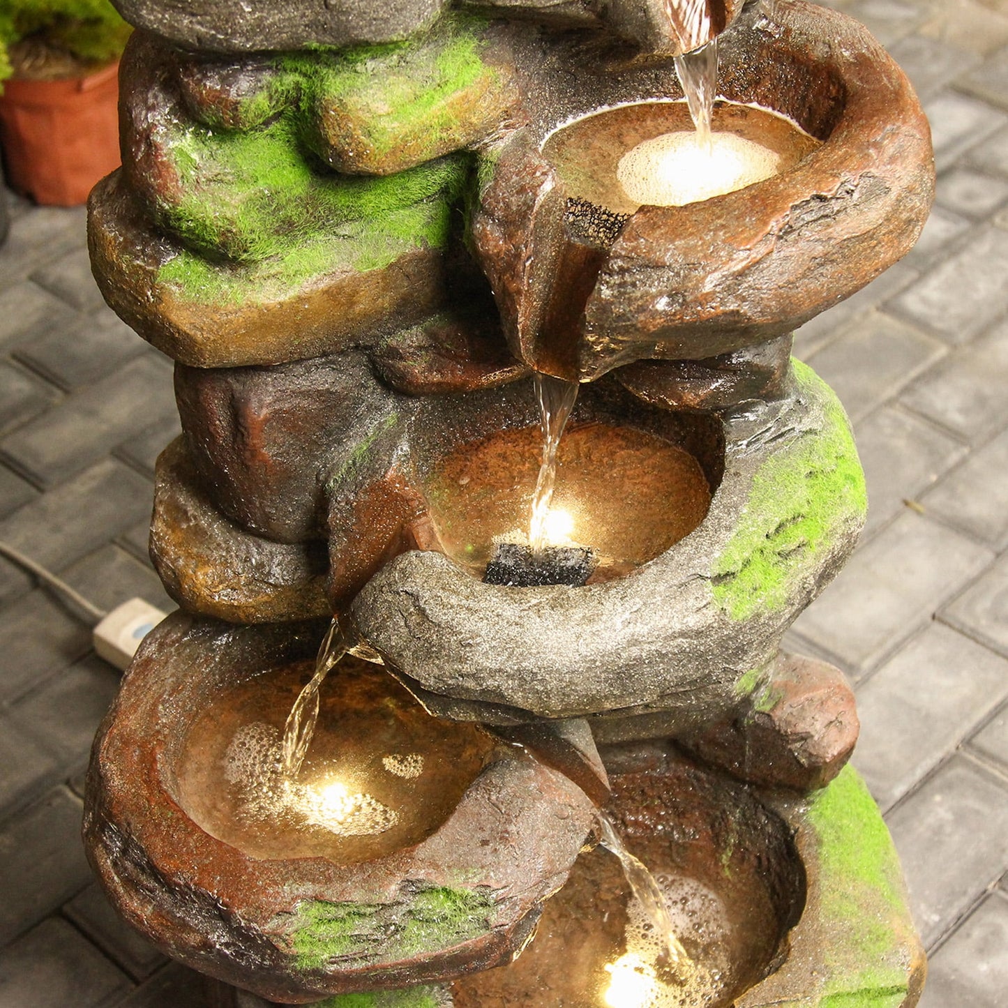 6-Tiered Outdoor Floor Rock Water Garden Fountain 37.4''H Cascading Waterfall Water Feature Indoor for Home Decor Patio Yard with LED Lights and Natural Stone Look