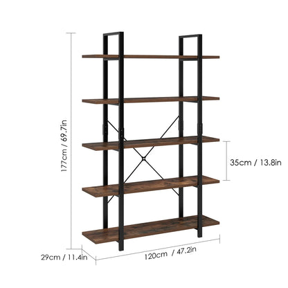 Homfa Industrial 5 Tier Storage Bookshelf , Wood Bookcase Shelf Unit with Metal Frame for Home Office Living Room, Rustic Brown