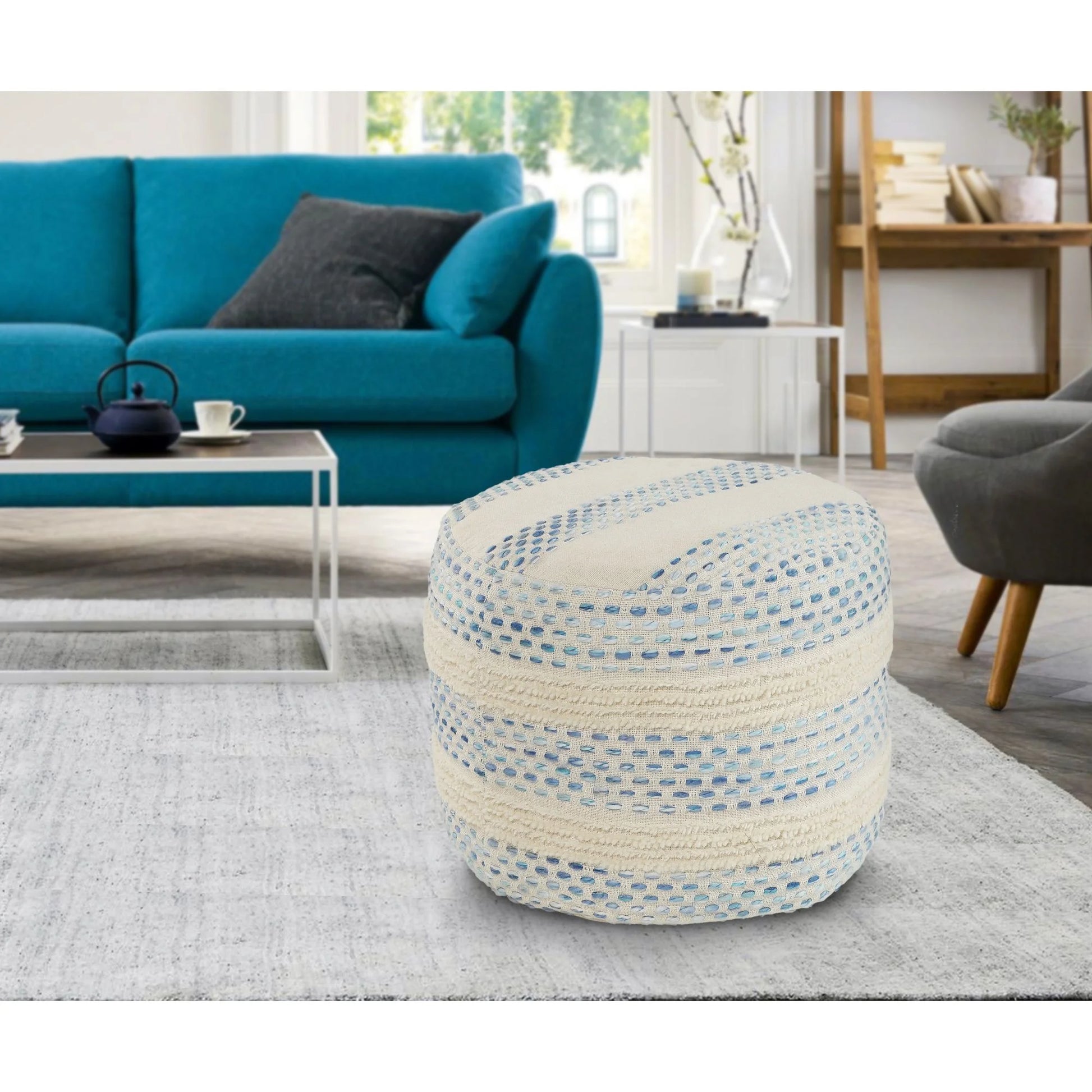 Laddha Home Designs 18" Blue and Cream Tufted Pin Dot Round Pouf Ottoman