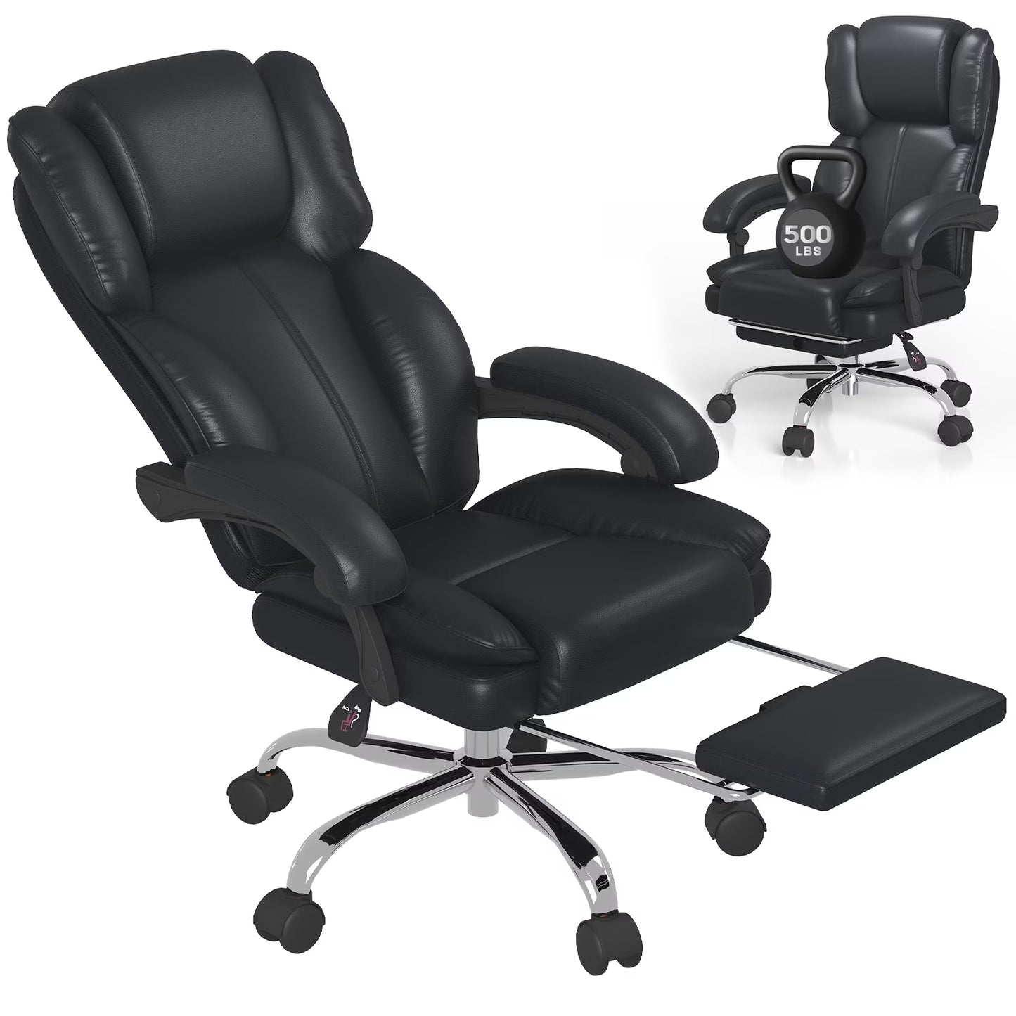 E-Motie Leather Home Office Chair, High Back Ergonomic Chair with Footrest, 500lb, Black