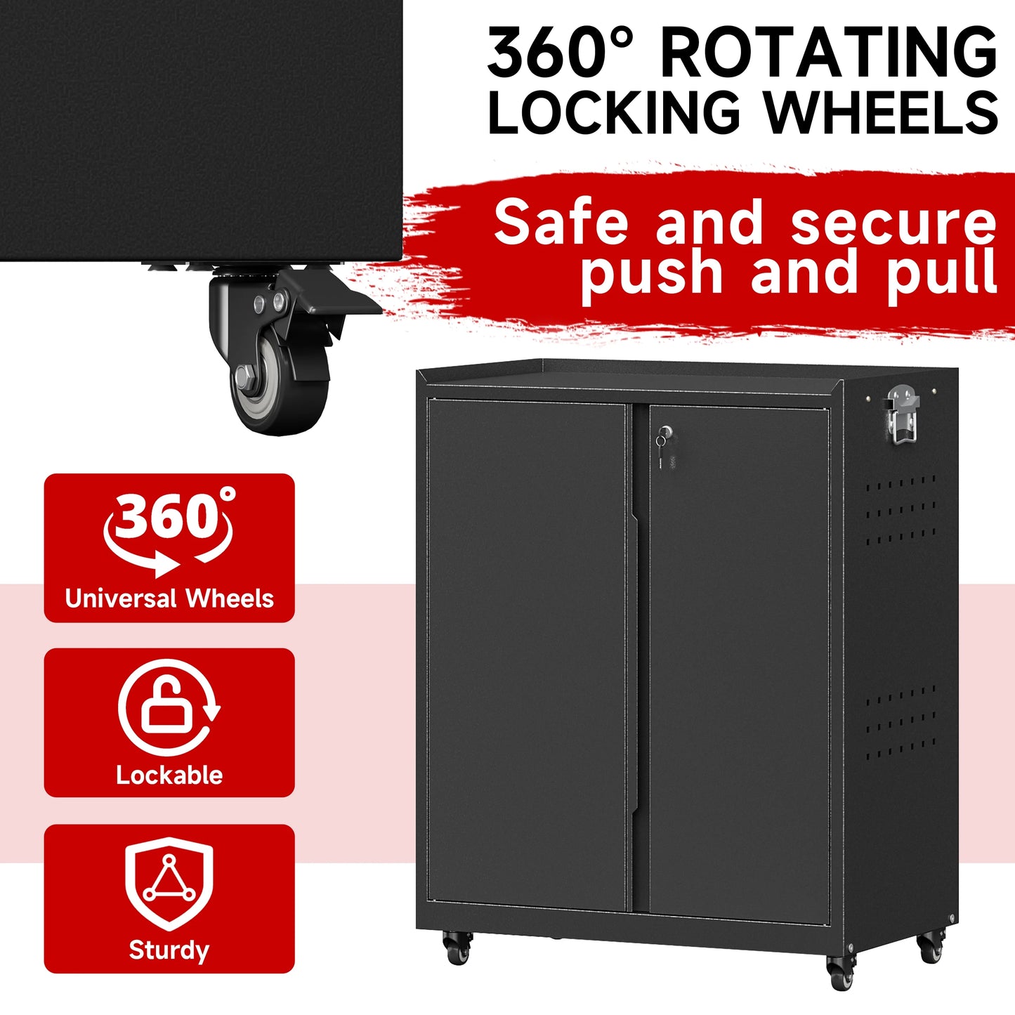 Bestoo Metal Storage Cabinet with Locking Doors, Garage Storage Cabinet with Wheels and Adjustable Shelves, Rolling Tool Storage Cabinet for Home Office, Garage, Pantry (Black)