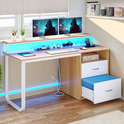 Dextrus 47 inch Computer Desk with Storage Drawers & LED Light, Office Desk with Monitor Stand & Power Outlets, Work Study PC Desk for Small Spaces, Home Office, Oak