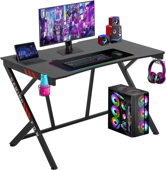BestOffice Gaming Desk Computer Desk Home Office Desk Racing Style Study DeskExtra Large Modern Ergonomic PC Carbon Fiber Writing Desk Table with Cup Holder Headphone Hook,Red