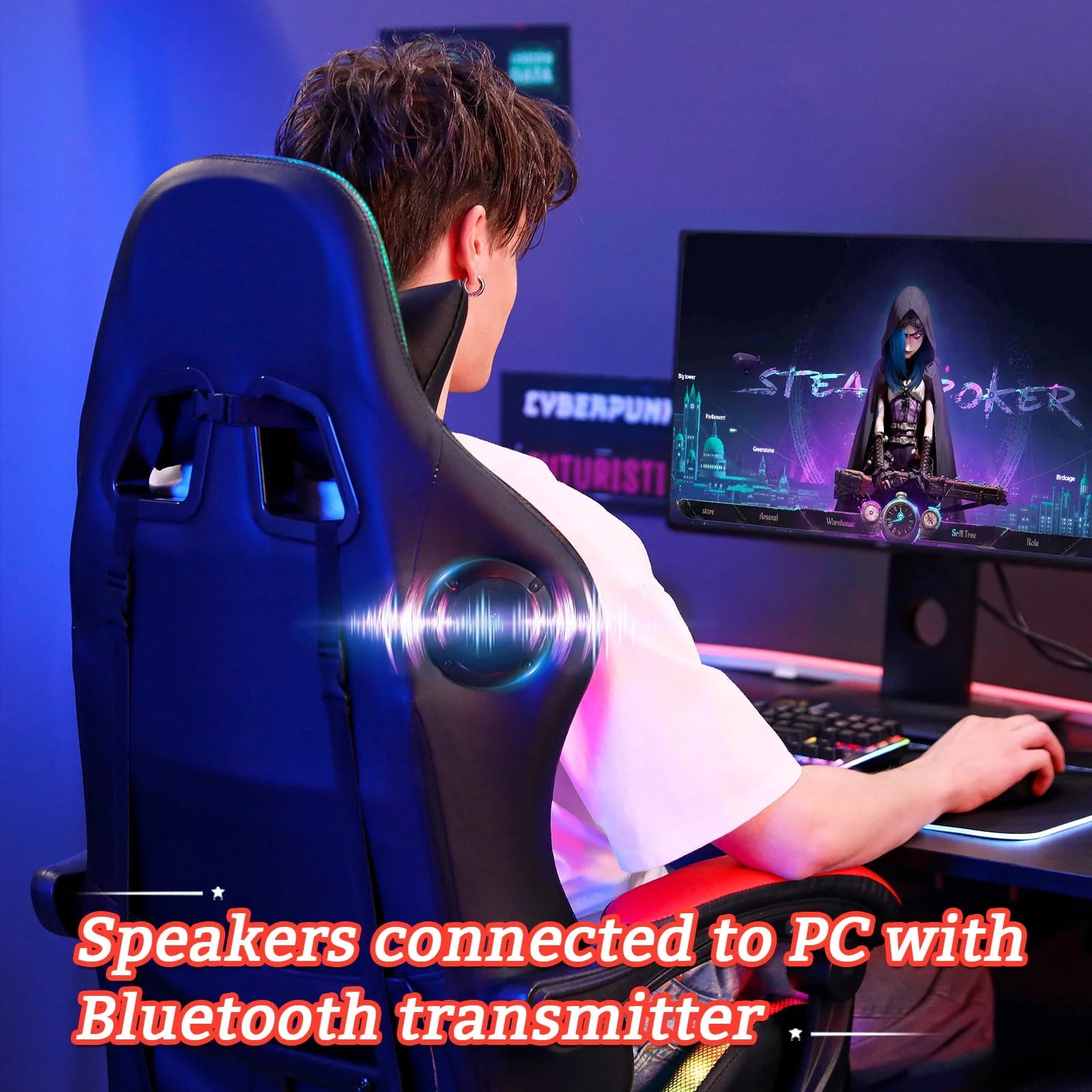 Hoffree Gaming Chair with Bluetooth Speakers Office Chair with Footrest and LED Lights Ergonomic Gaming Chairs High Back with Lumbar Support and Headrest Adjustable Swivel for Home Office 300lb