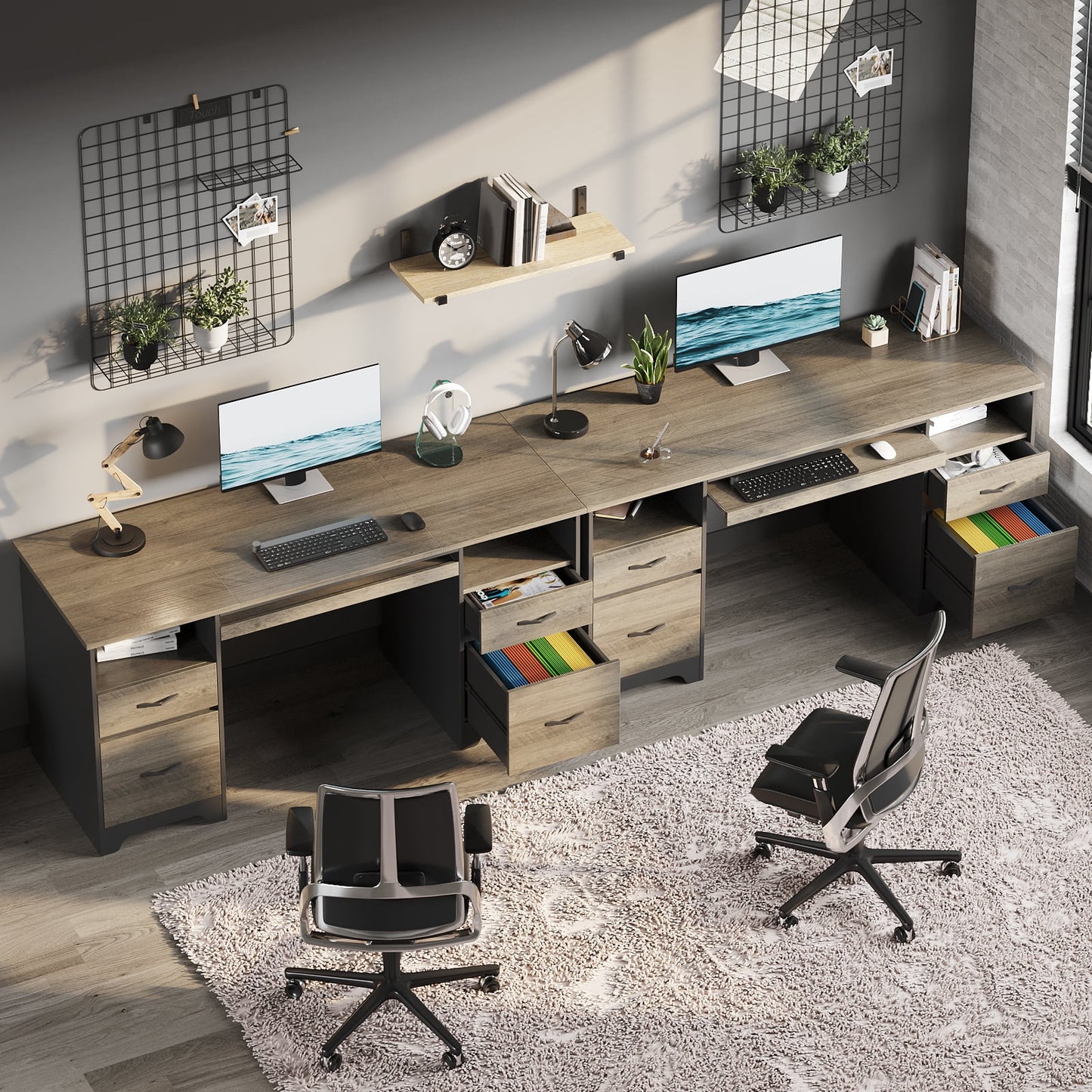Bestier 59° Computer Desk with 4 Drawers, Office Executive Desk with File Drawer, Keyboard Tray for Home Office, Gray
