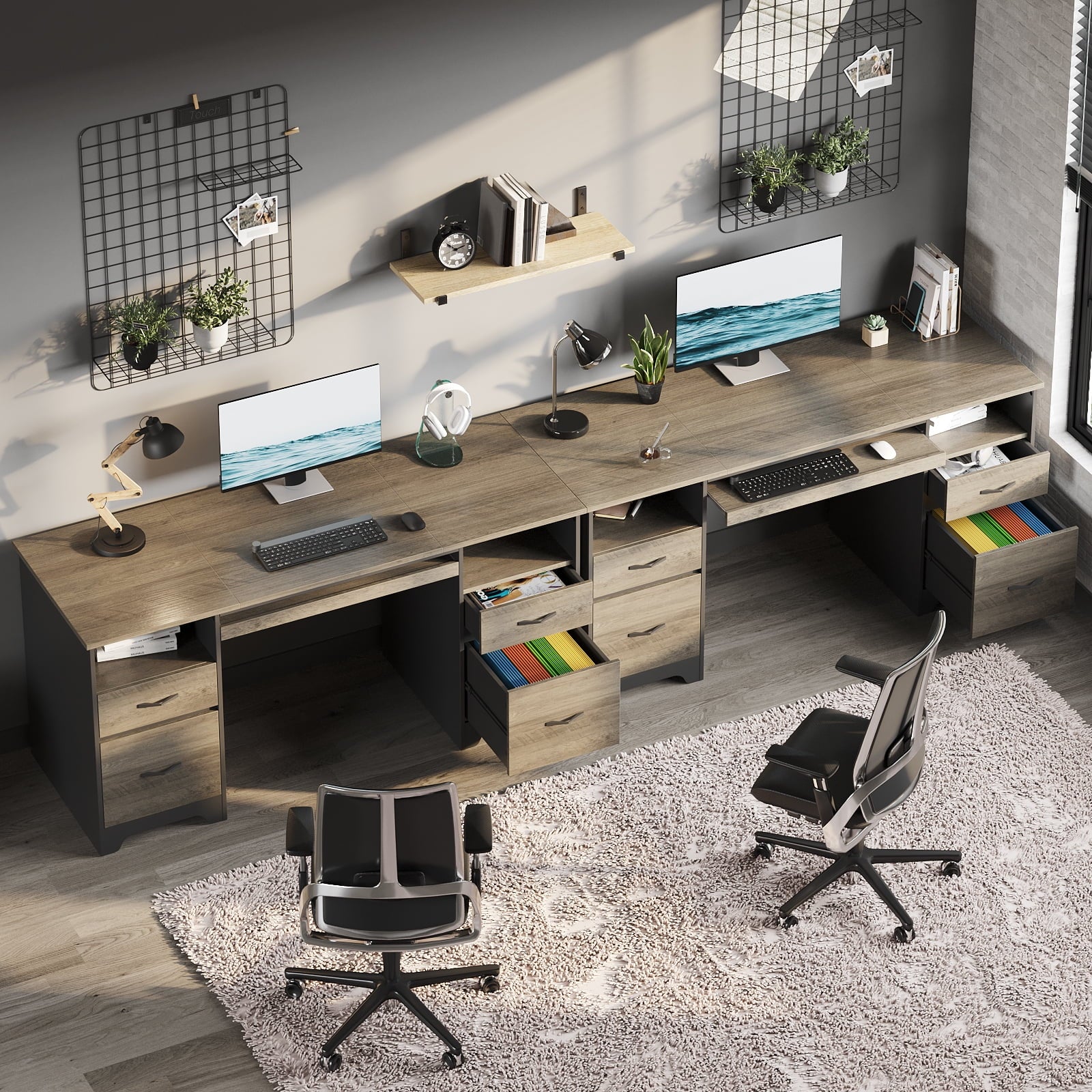 Bestier 59° Computer Desk with 4 Drawers, Office Executive Desk with File Drawer, Keyboard Tray for Home Office, Gray