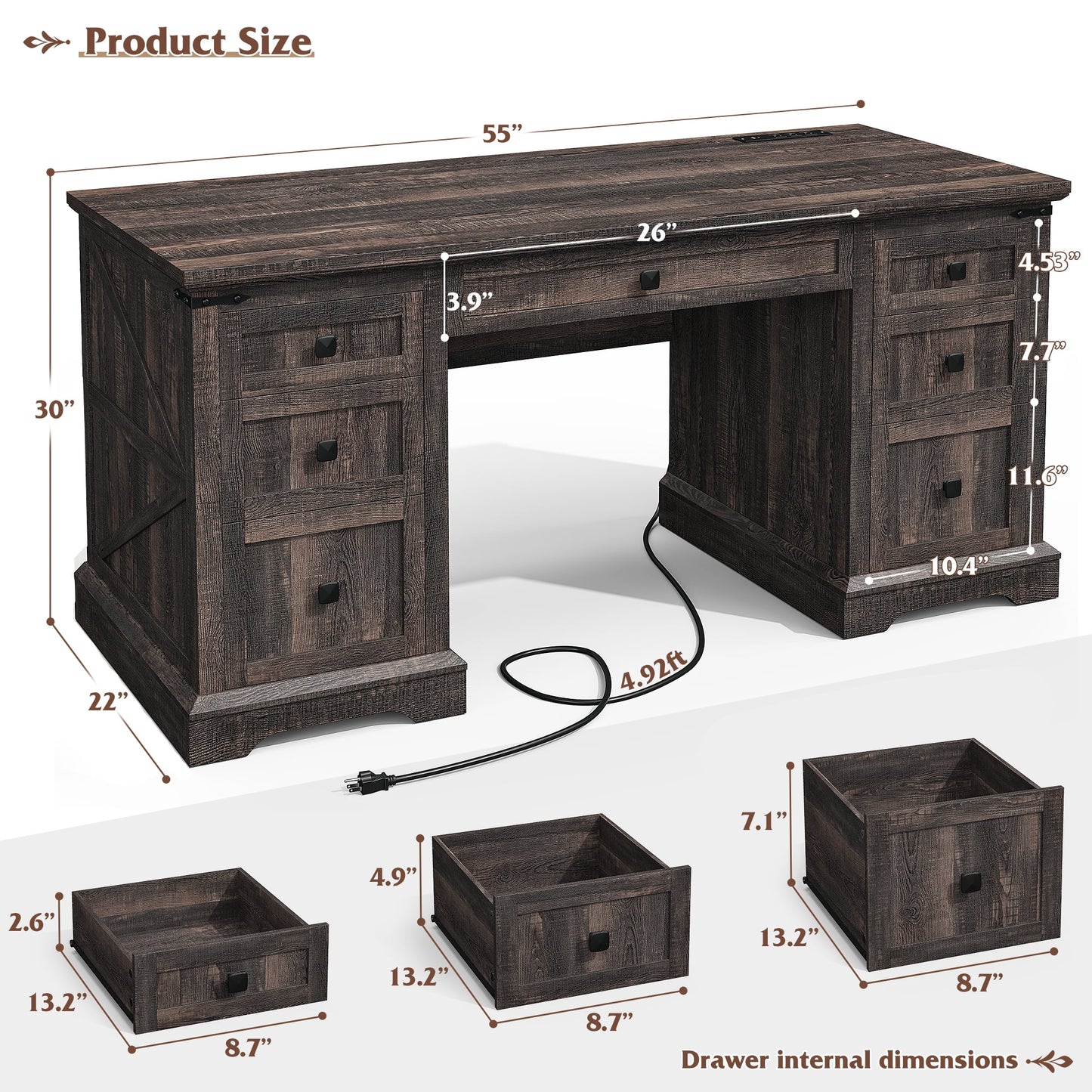 EnHomee Farmhouse Desk with Drawers, Wood Home Office Desk with Charging Station, Antique White