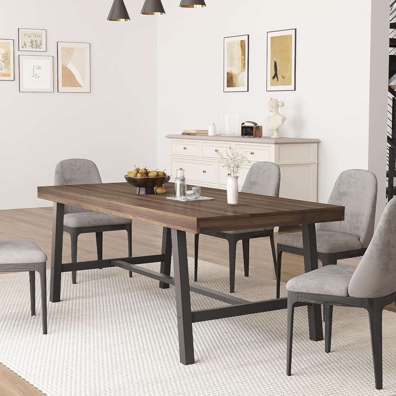 70 Inch Farmhouse Dining Table for 6 to 8, Large Rectangular Dinner Table for Dining Room, Home Office, Living Room, Gray