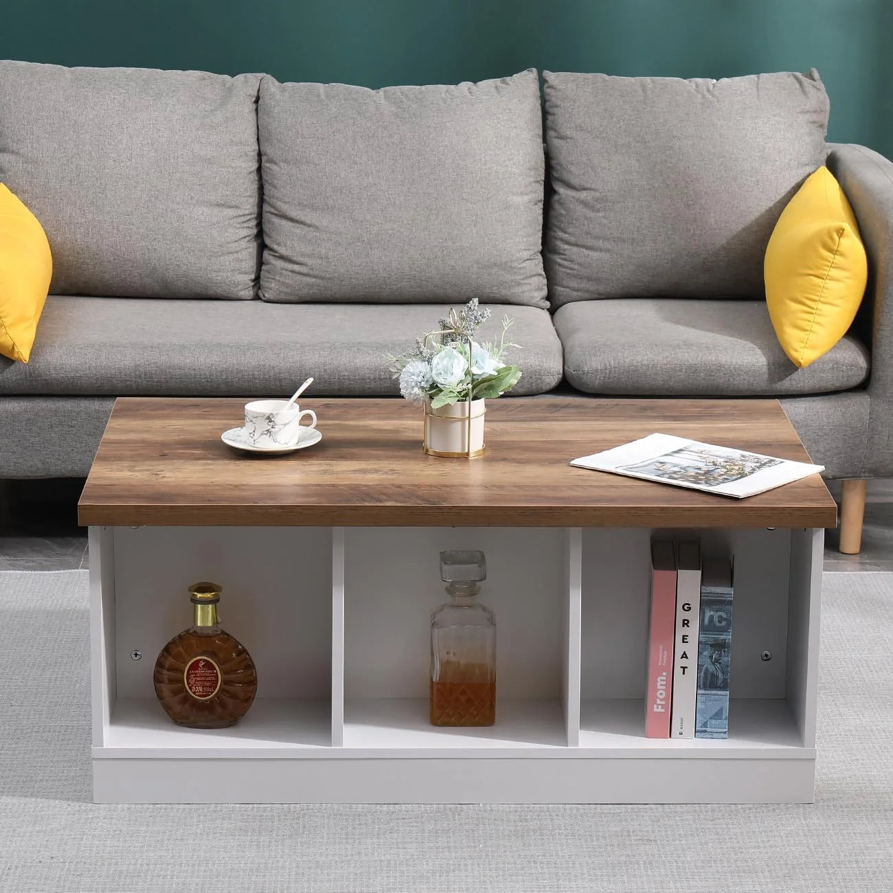 Ansley& HosHo Farmhouse Coffee Table with Sliding Barn Doors & Storage, Antique Wood Living Room Center Table, Rustic Industrial Cocktail Table for Bedroom Home Office, White+Dark Walnut