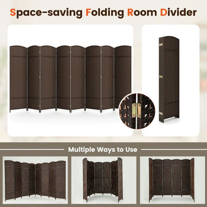 Spaco 8-Panel 8 Feet Tall Room Divider, Folding Room Divider with Hand-Woven Texture, Privacy Screen with Solid Wood Frame for Indoor, Brown