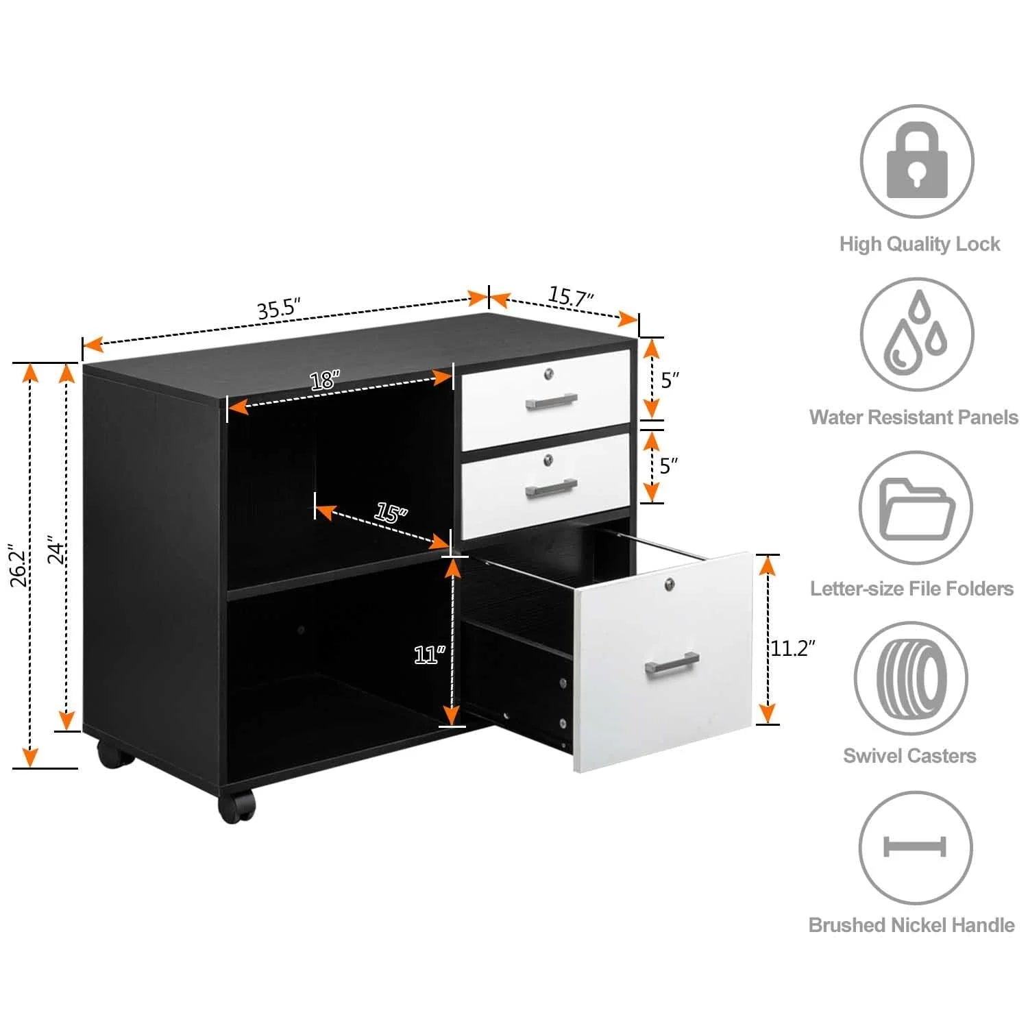 Ktaxon 3 Drawer Wood File Cabinets, Lateral Mobile Filing Cabinets Printer Stand with Locks and Wheels, Open Storage Shelves for Home Office