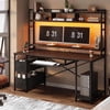 55" Computer Desk with Drawer& Power Outlet, Industrial Home Office Table Gaming Desk PC Study Workstation with Hutch& LED Lights& Adjustable Shelves,White